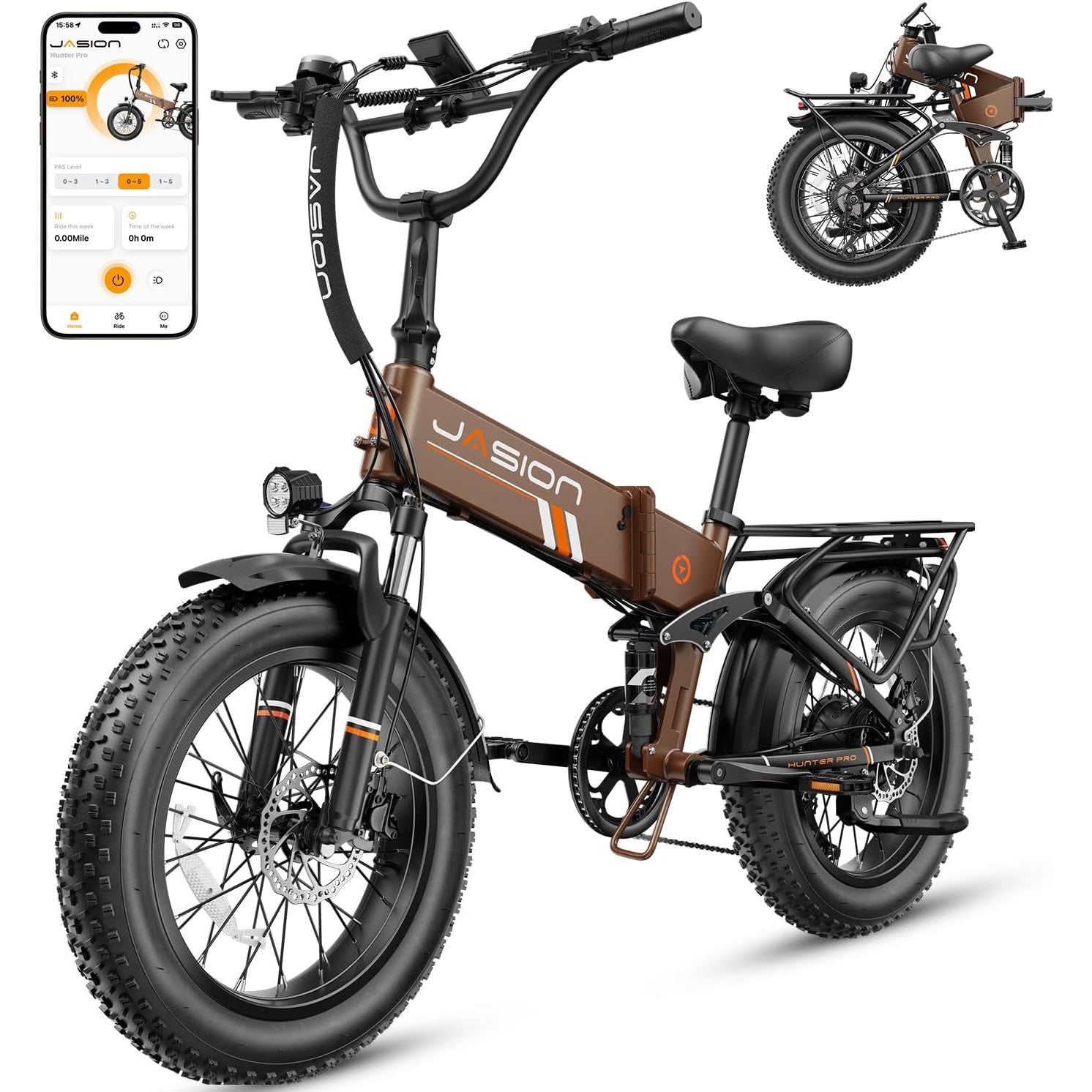 Jasion Hunter Pro Electric Bike for Adults, 1800W Peak Motor 80 Miles, up to 30+MPH,720WH Removable Battery Foldable Ebike,App Control & Full Suspension,20''*4.0 Fat Tire,Dual Hydraulic Brakes Bicycle
