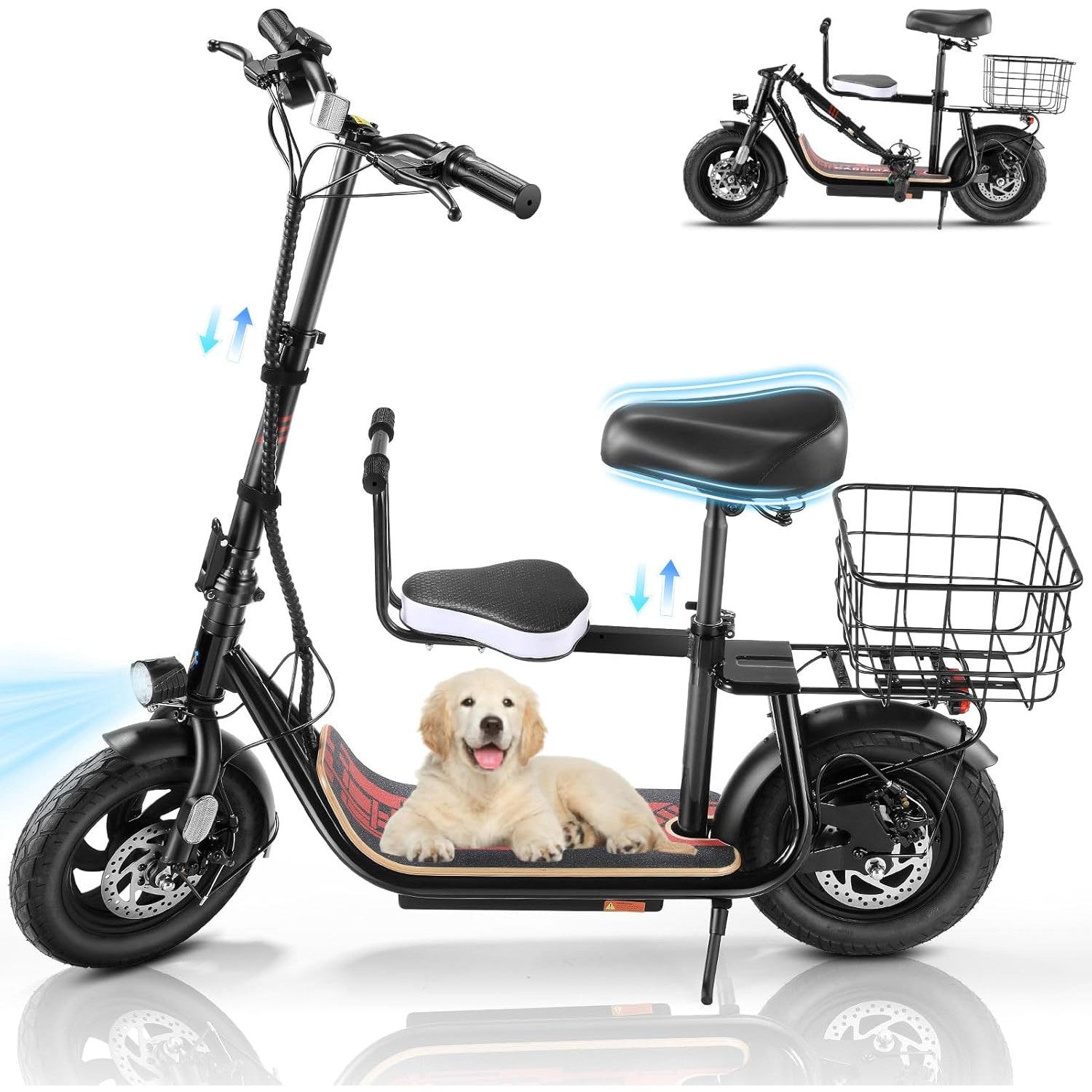 Caroma Peak 1200W/800W Electric Scooter with Seat, 30 Miles Max Range, Key Start Electric Scooter Adults&Teens, Up to 20MPH Foldable Ebike, Adjustable E-Bike with Basket&Kid Seat, Commuter Escooter