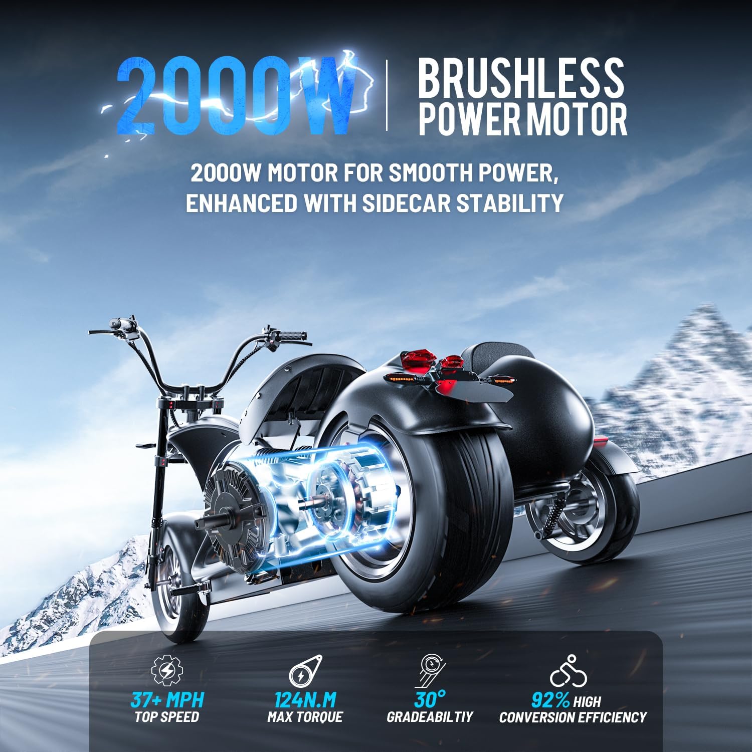 eAhora 2000W M1P Sidecar Electric Motorcycle for Adults,37mph 60V 30Ah Lithium Battery 40+ Miles Range, Full Suspension and Hydraulic Brakes Electric Mopeds