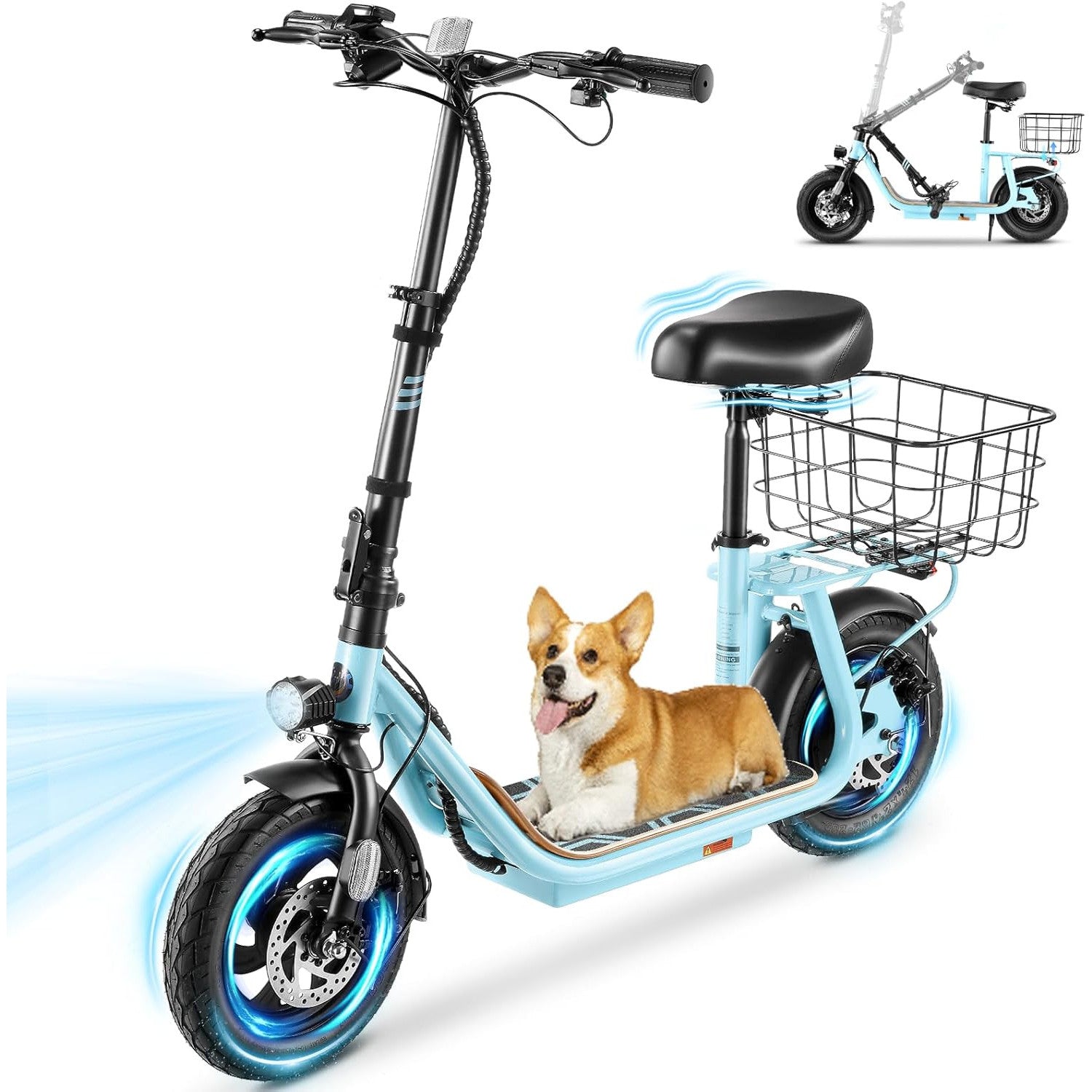 Caroma Peak 1200W/800W Electric Scooter with Seat, 30 Miles Max Range, Key Start Electric Scooter Adults&Teens, Up to 20MPH Foldable Ebike, Adjustable E-Bike with Basket&Kid Seat, Commuter Escooter