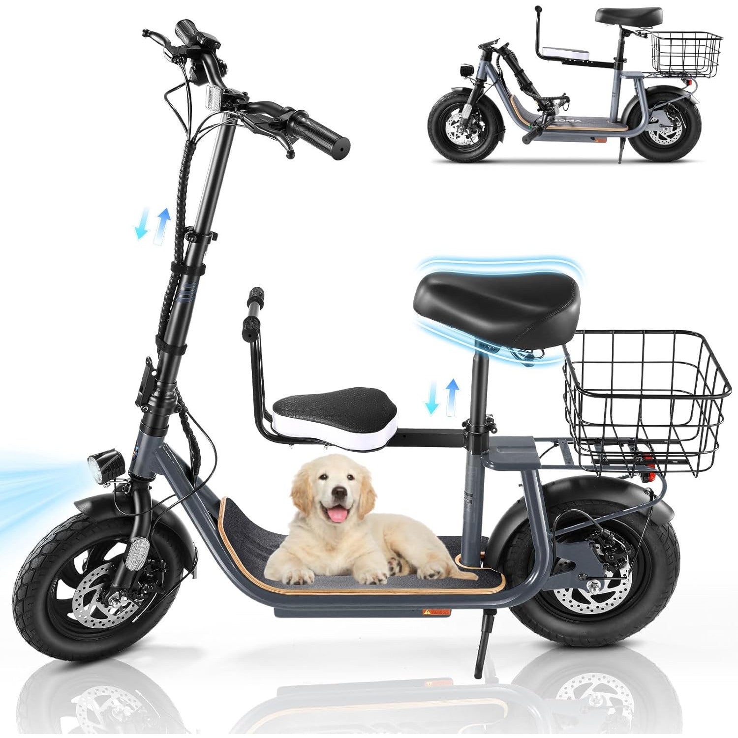 Caroma Peak 1200W/800W Electric Scooter with Seat, 30 Miles Max Range, Key Start Electric Scooter Adults&Teens, Up to 20MPH Foldable Ebike, Adjustable E-Bike with Basket&Kid Seat, Commuter Escooter