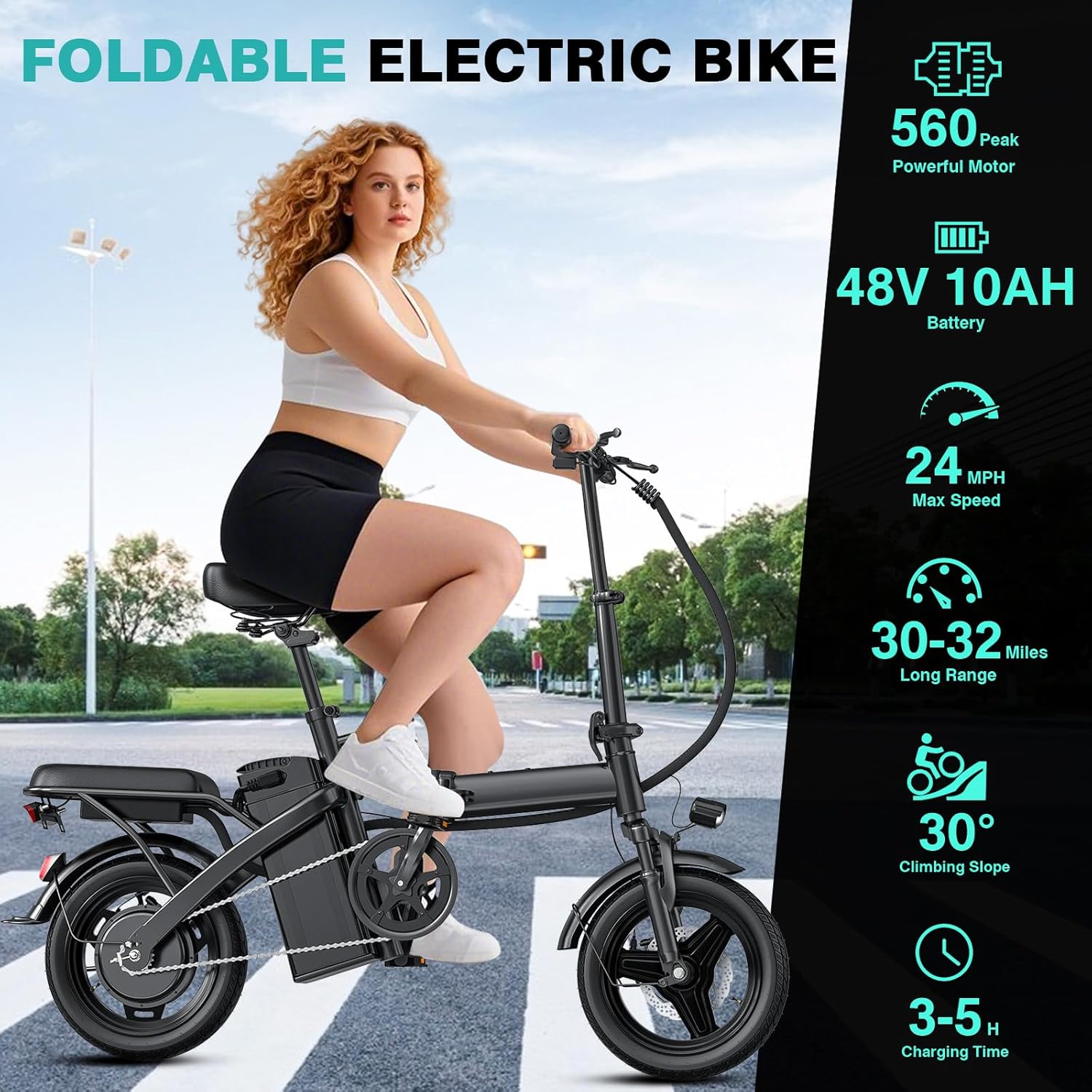 Electric Bike for Adults and Teens, 560W Motor 24MPH Compact Commuter Folding Ebike, 32 Miles Range, 48V 10Ah Battery, 3-Level Pedal Assist, 14" Foldable Mini Electric Bicycle, UL 2849 Certified