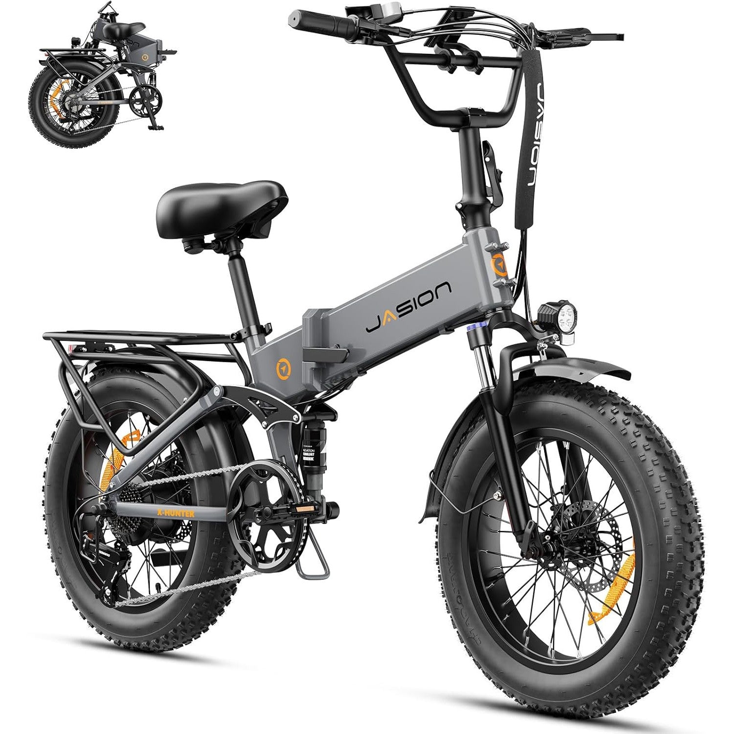 Jasion X-Hunter Foldable Electric Bike, 1400W Peak Motor, 70+ Miles 30MPH EBike, 624WH Removable Battery, 20''*4 Fat Tire, Full Suspension Bicycle for Commute,Snow, Mountain, 7-speed E-bike for Adults