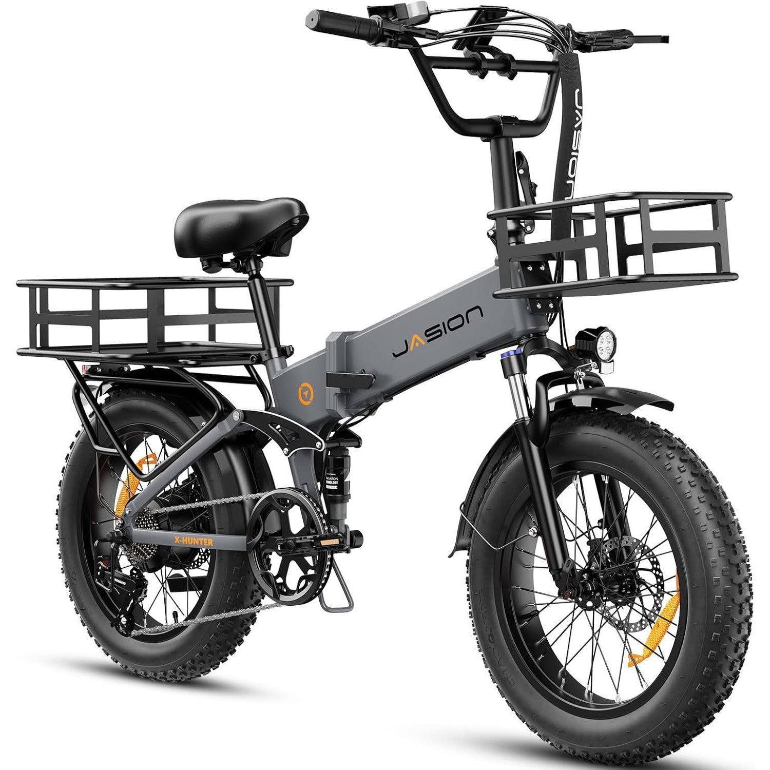 Jasion X-Hunter Foldable Electric Bike, 1400W Peak Motor, 70+ Miles 30MPH EBike, 624WH Removable Battery, 20''*4 Fat Tire, Full Suspension Bicycle for Commute,Snow, Mountain, 7-speed E-bike for Adults