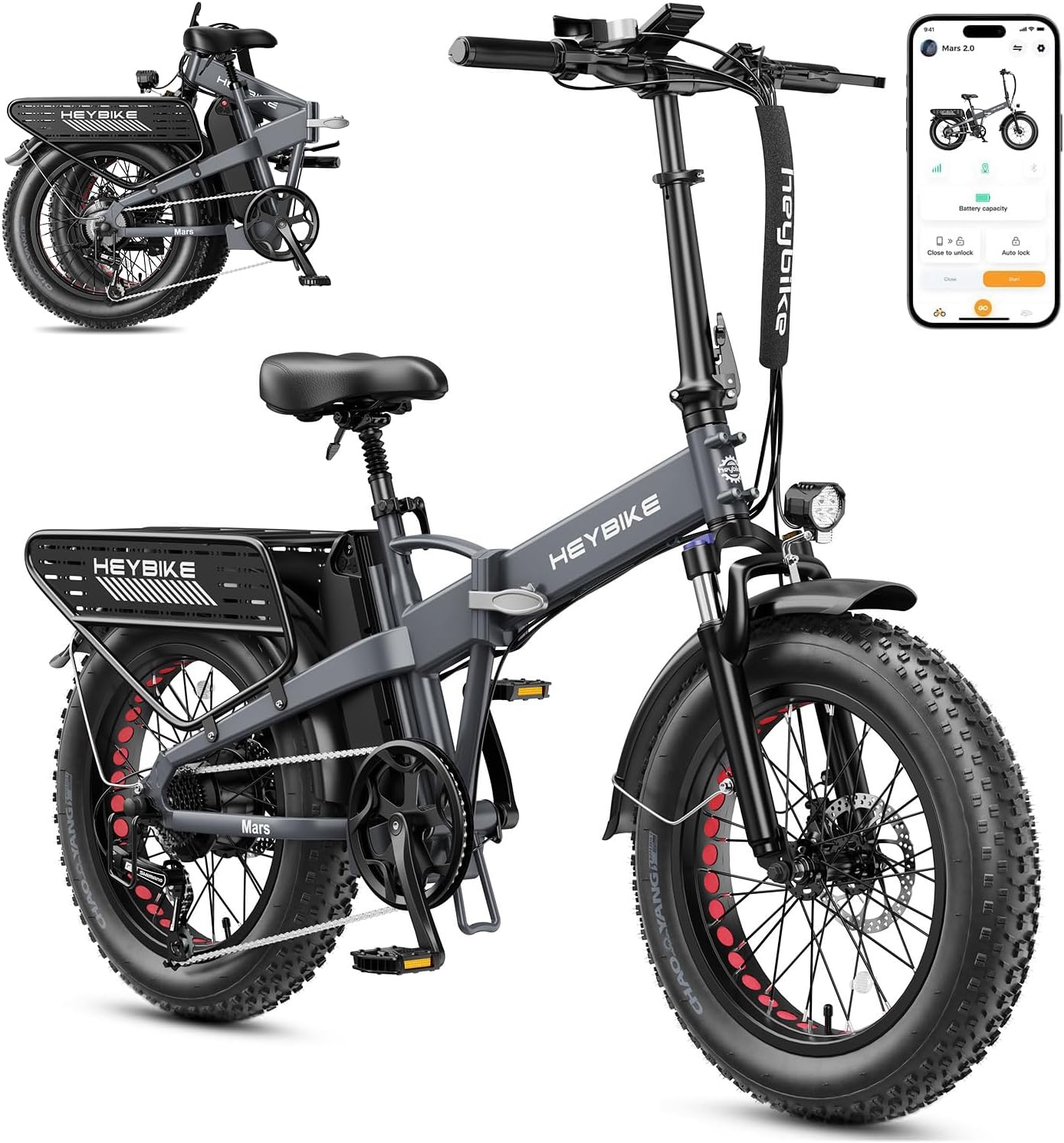 Heybike Mars 2.0 Foldable Electric Bike Adults 32Mph, APP Control E-Bike with 1800W Peak Motor, 20'' Large Fat Tire Ebike, 60+Miles Range with 624WH Removable Battery UL Certified, Full Suspension