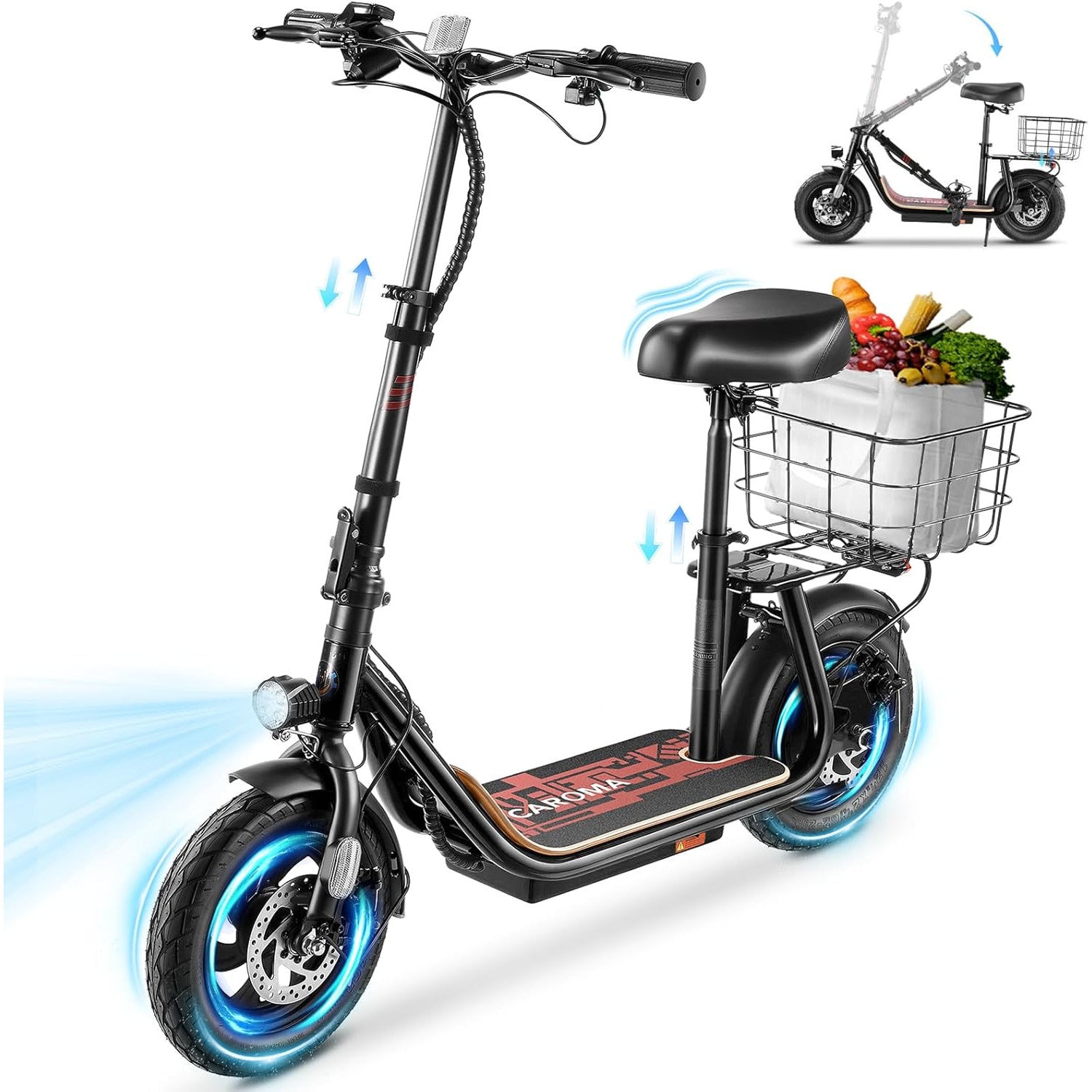 Caroma Peak 1200W/800W Electric Scooter with Seat, 30 Miles Max Range, Key Start Electric Scooter Adults&Teens, Up to 20MPH Foldable Ebike, Adjustable E-Bike with Basket&Kid Seat, Commuter Escooter