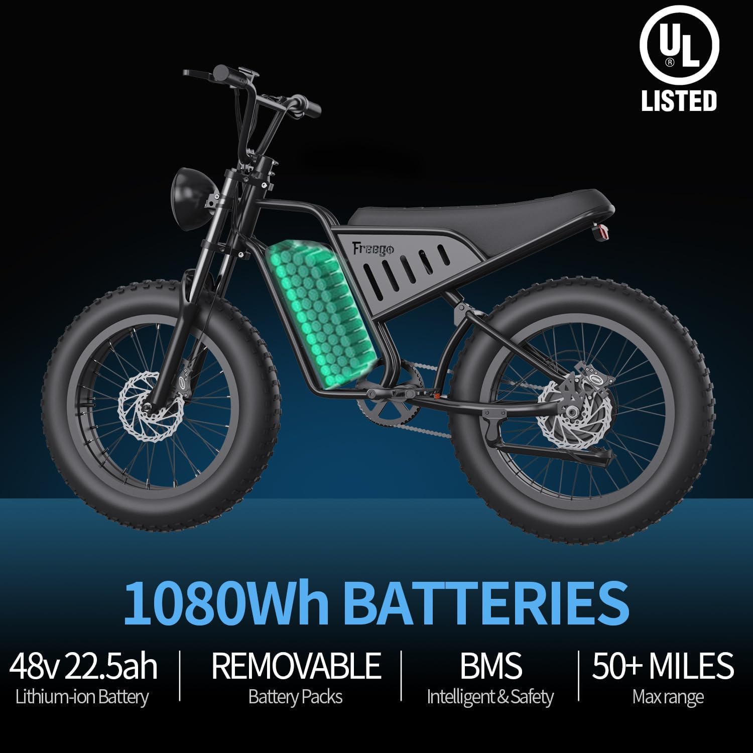 Freego Electric Dirt Bike, Electric Motorcycle for Adults 1400W(Peak) Motor 48V/22.5Ah Removable Battery, 30MPH Electric Motorcycle, 7-Speed, 20" x4 Fat Tires Off-Road Electric Mountain Ebike Bike