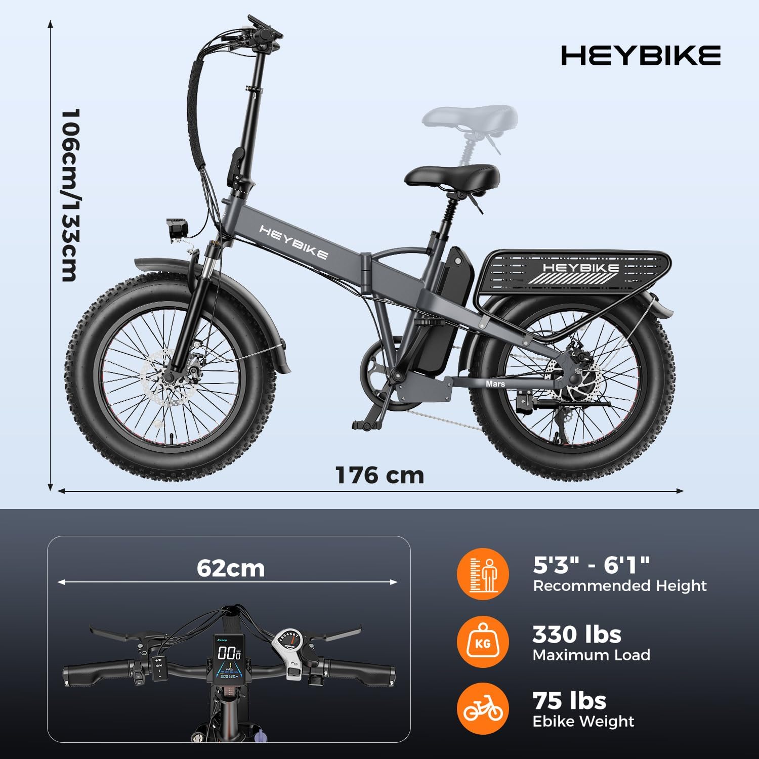 Heybike Mars 2.0 Foldable Electric Bike Adults 32Mph, APP Control E-Bike with 1800W Peak Motor, 20'' Large Fat Tire Ebike, 60+Miles Range with 624WH Removable Battery UL Certified, Full Suspension