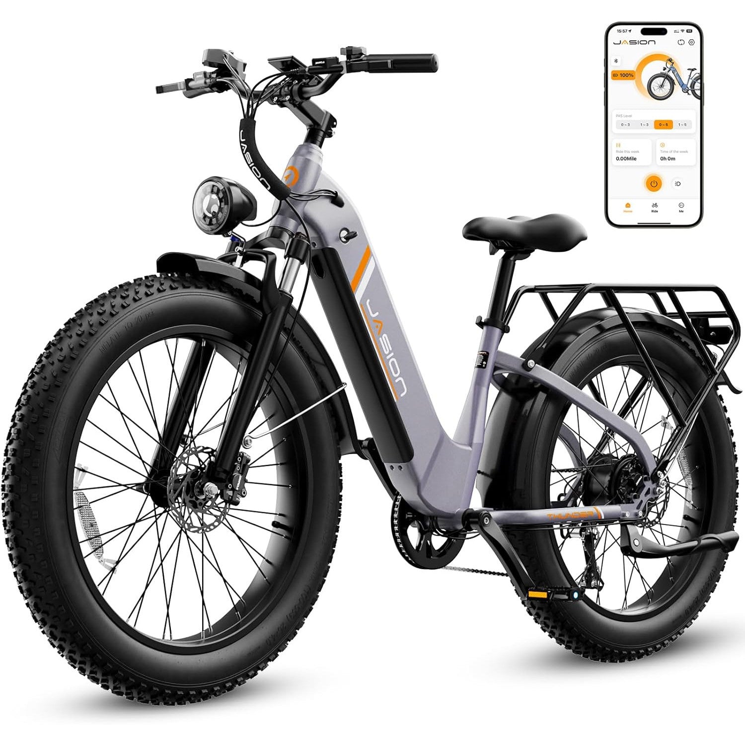 Jasion Thunder Electric Bike, 1500W Peak Motor, 30+MPH Max Speed & 80 Miles with 864Wh Removable Battery, APP Control Ebike for Adults, Hydraulic Brakes, Front Suspension, 26'' x 4'' Fat Tire Bicycles