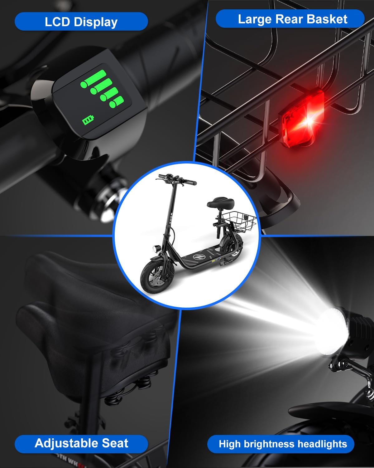 Electric Scooter with Seat ZD06, 800W Peak Motor, 20 Mile Range & 15.5 Mph, Key Start, Foldable E-Scooter with Carry Basket for Pets & Cargo, Electrically-Powered Motor Scooters