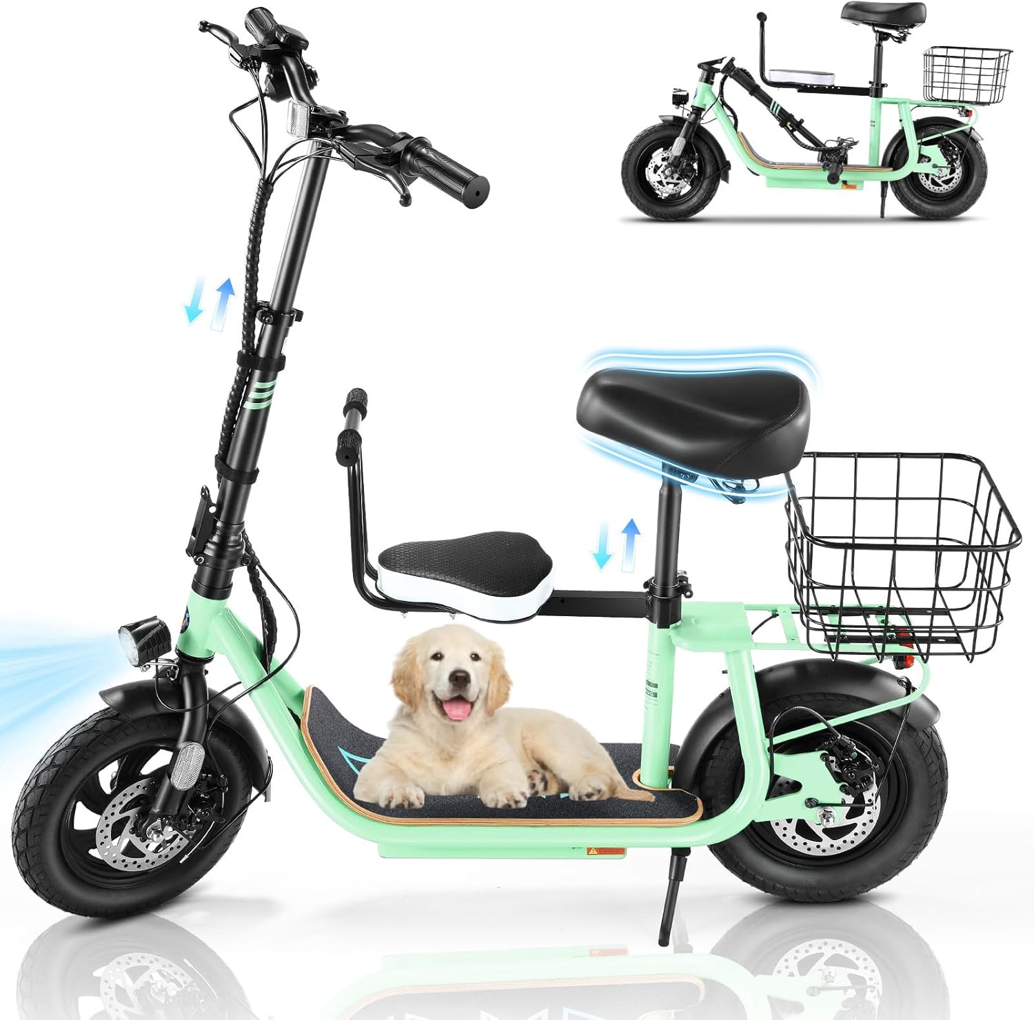 Caroma Peak 1200W/800W Electric Scooter with Seat, 30 Miles Max Range, Key Start Electric Scooter Adults&Teens, Up to 20MPH Foldable Ebike, Adjustable E-Bike with Basket&Kid Seat, Commuter Escooter