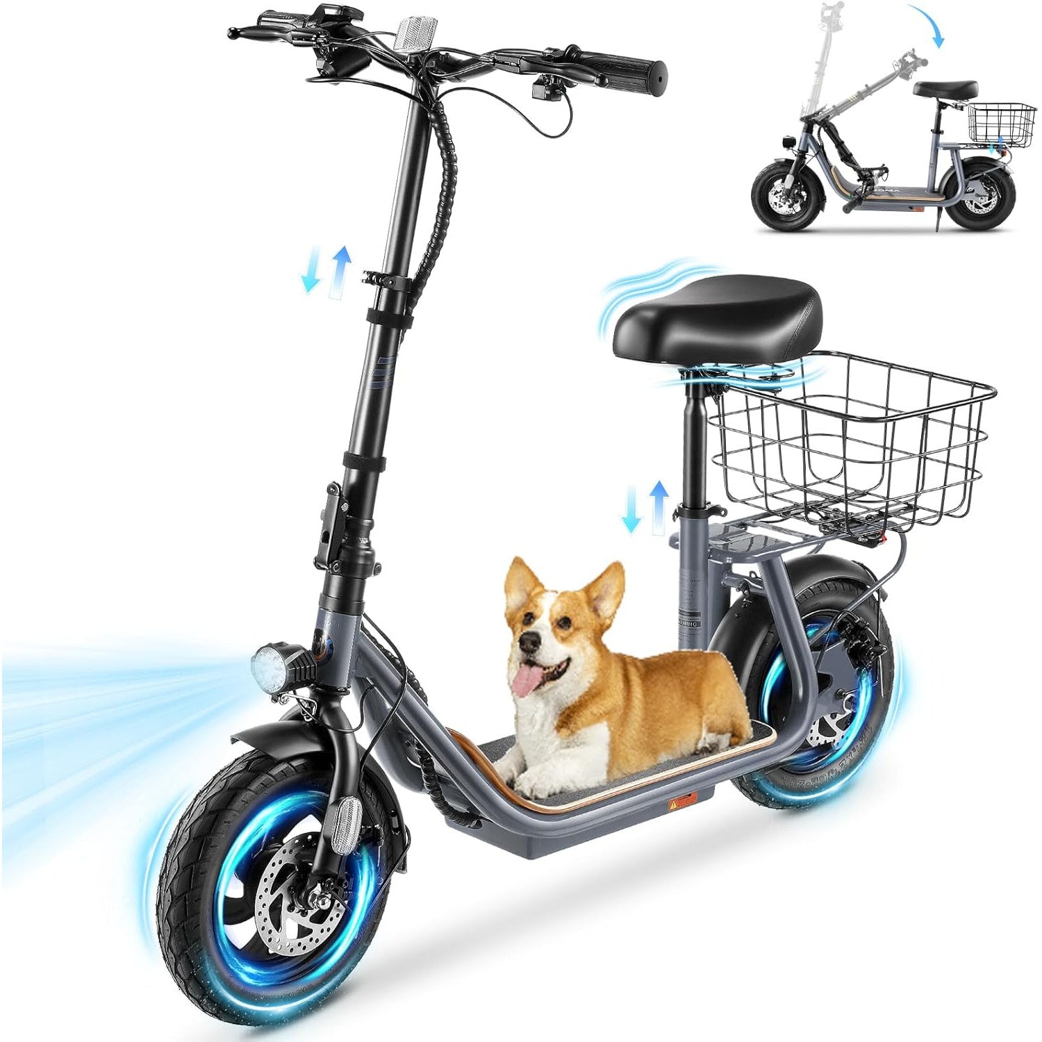 Caroma Peak 1200W/800W Electric Scooter with Seat, 30 Miles Max Range, Key Start Electric Scooter Adults&Teens, Up to 20MPH Foldable Ebike, Adjustable E-Bike with Basket&Kid Seat, Commuter Escooter