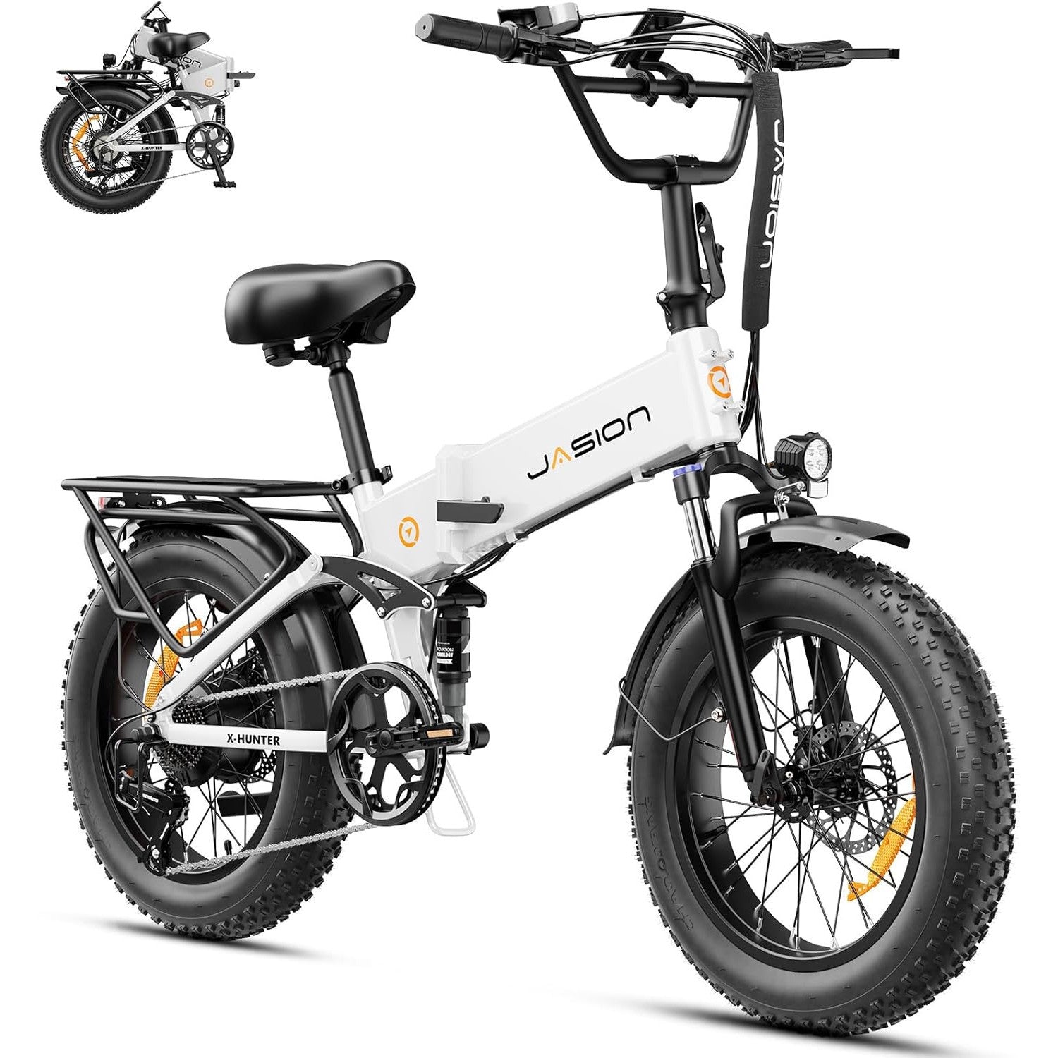 Jasion X-Hunter Foldable Electric Bike, 1400W Peak Motor, 70+ Miles 30MPH EBike, 624WH Removable Battery, 20''*4 Fat Tire, Full Suspension Bicycle for Commute,Snow, Mountain, 7-speed E-bike for Adults