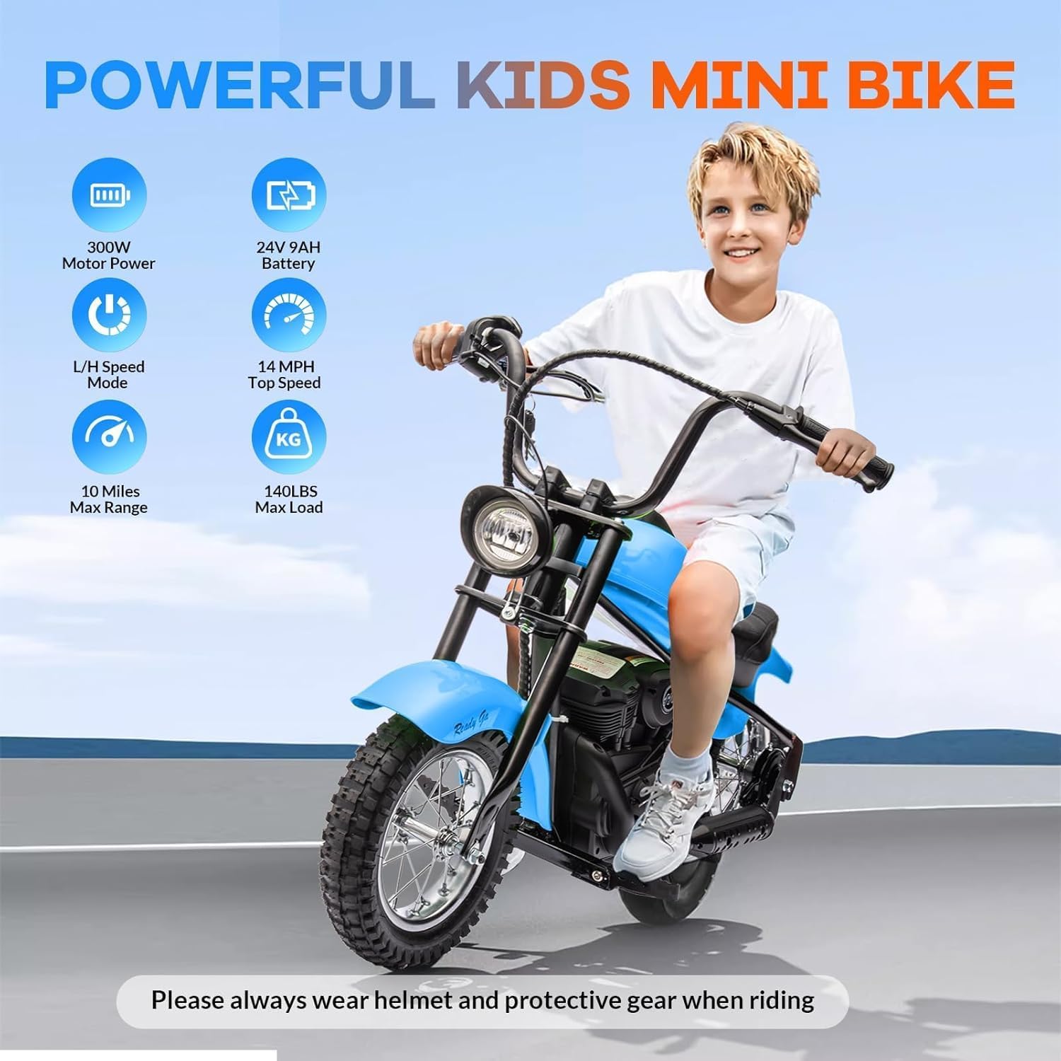 Kids Electric Dirt Bike (Ages 8-14): 24v 250w, 14MPH High Speed | LED Lights, Leather Seat, Dual Speed Modes | 60 Min Playtime, Safe Off-Road for Backyard & Trails(Blue)