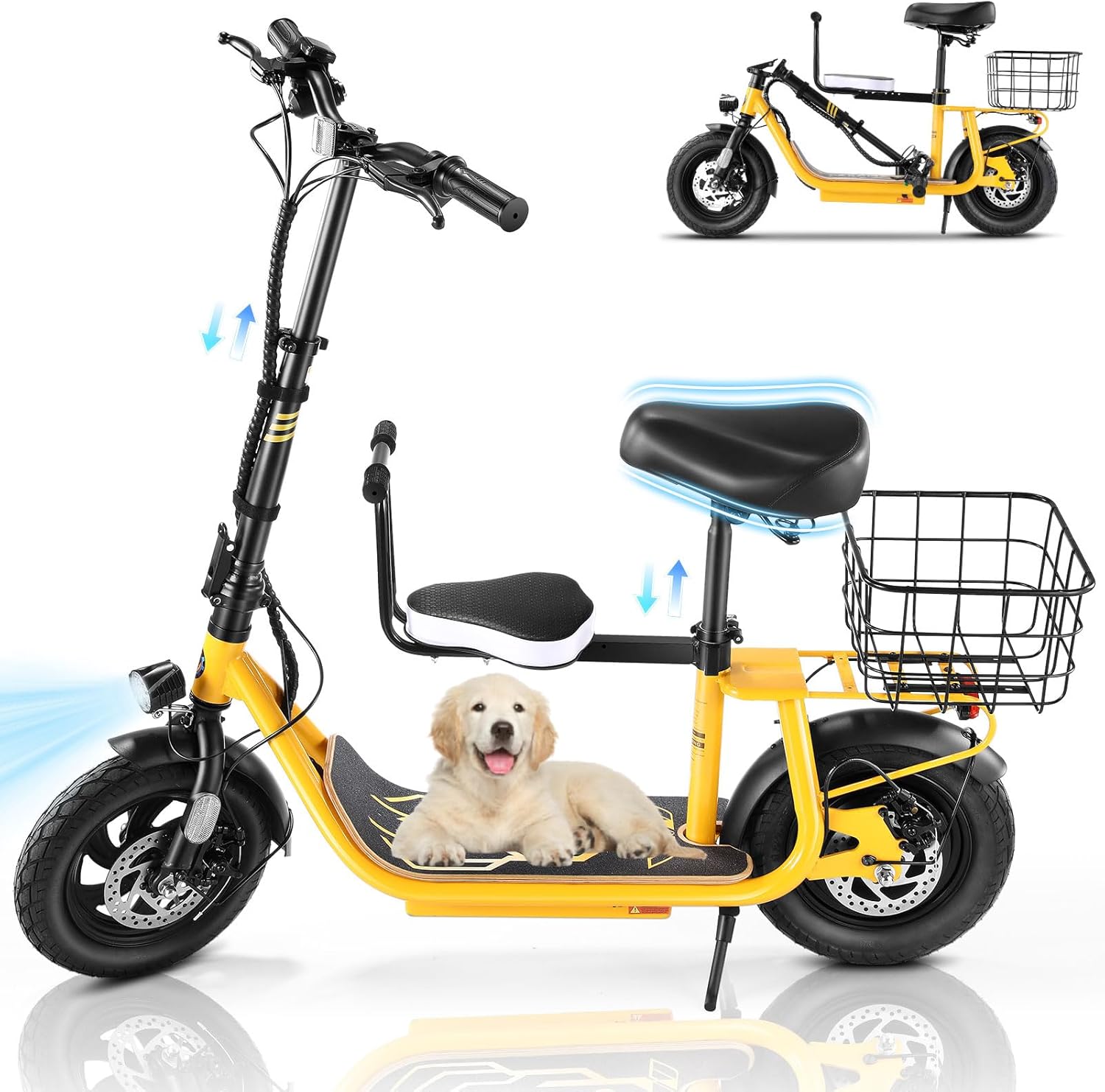 Caroma Peak 1200W/800W Electric Scooter with Seat, 30 Miles Max Range, Key Start Electric Scooter Adults&Teens, Up to 20MPH Foldable Ebike, Adjustable E-Bike with Basket&Kid Seat, Commuter Escooter