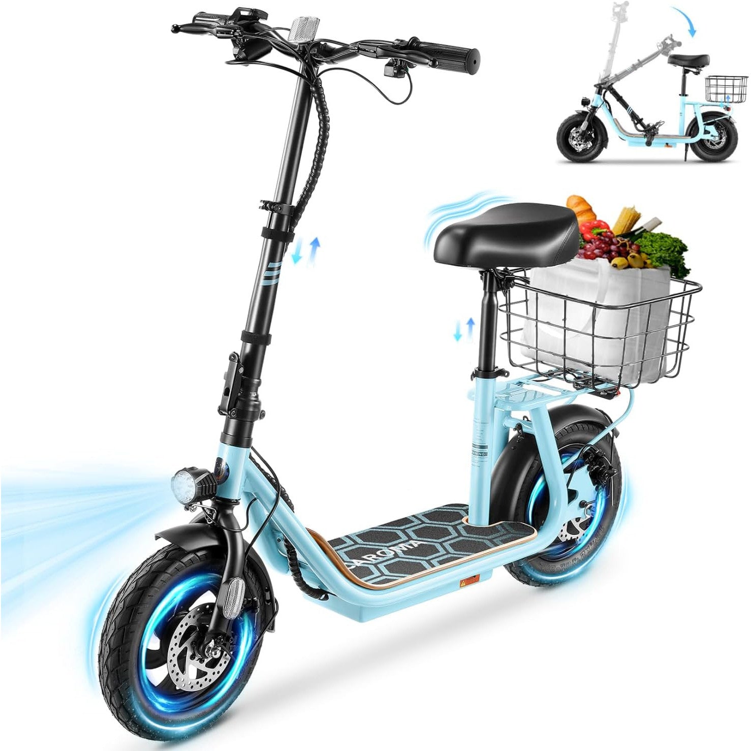 Caroma Peak 1200W/800W Electric Scooter with Seat, 30 Miles Max Range, Key Start Electric Scooter Adults&Teens, Up to 20MPH Foldable Ebike, Adjustable E-Bike with Basket&Kid Seat, Commuter Escooter