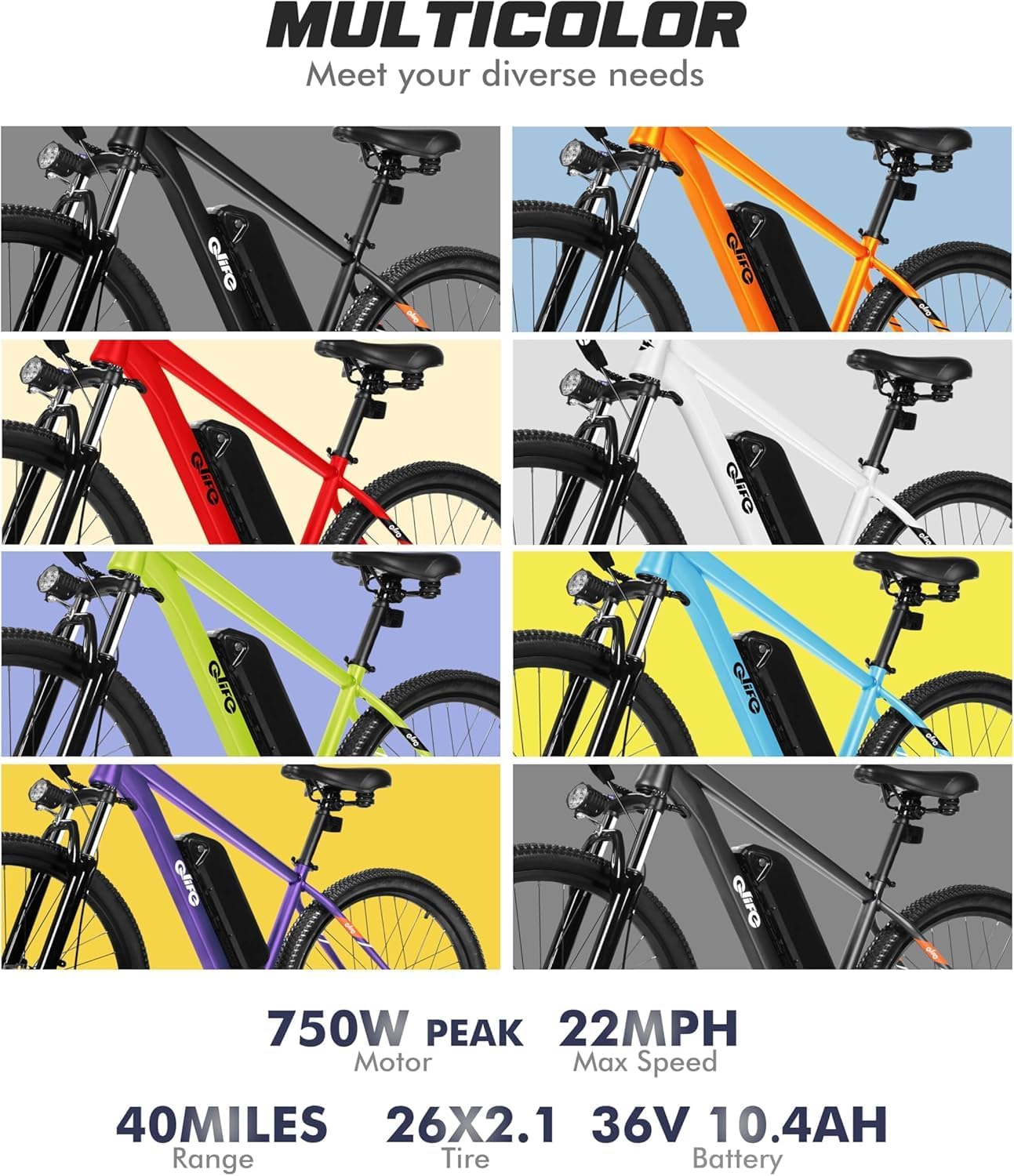 Qlife Racer Electric Bike for Adults - 21-Speed Mountain Lightweight Ebike with Peak 1000W/750W 25MPH/22MPH Brushless Motor, 375Wh Removable Battery, 26X2.1 Tire Step Over E-MTB, Up to 40 Miles