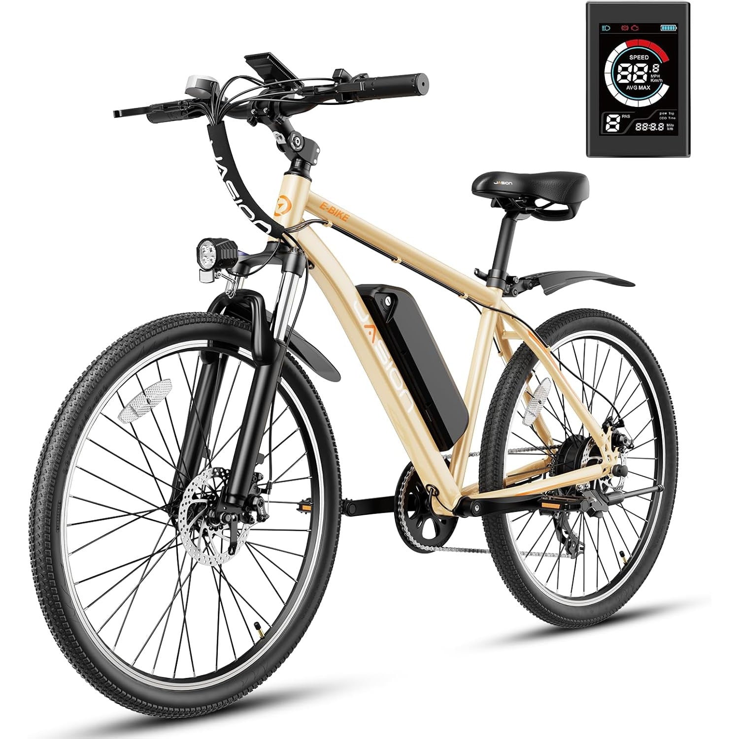 Jasion EB5 Electric Bike for Adults with Peak 750W Brushless Motor, 40Miles 20MPH Commuting Electric Mountain Bike with 360Wh Removable Battery, 7-Speed, 26" Tires and Front Fork Suspension