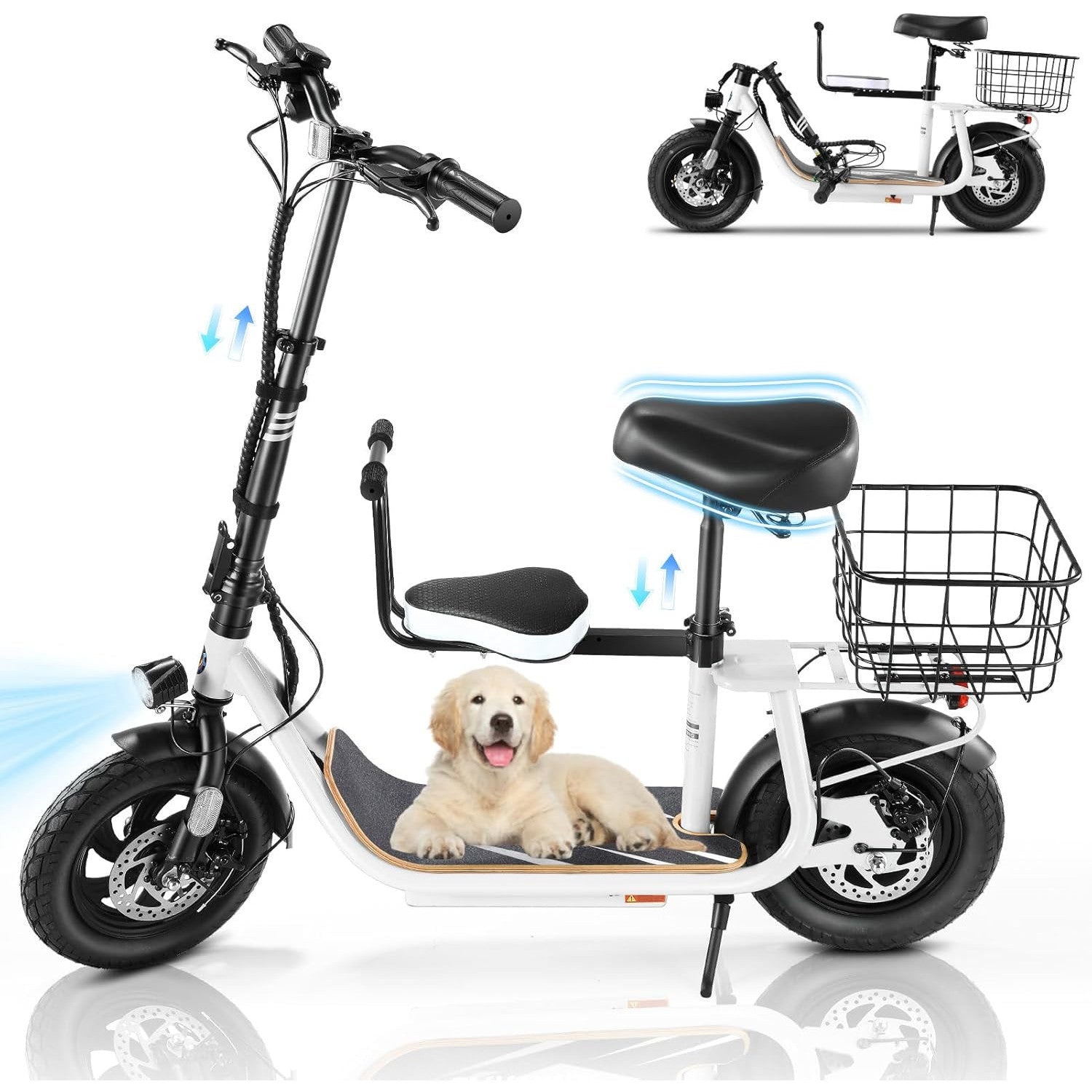 Caroma Peak 1200W/800W Electric Scooter with Seat, 30 Miles Max Range, Key Start Electric Scooter Adults&Teens, Up to 20MPH Foldable Ebike, Adjustable E-Bike with Basket&Kid Seat, Commuter Escooter