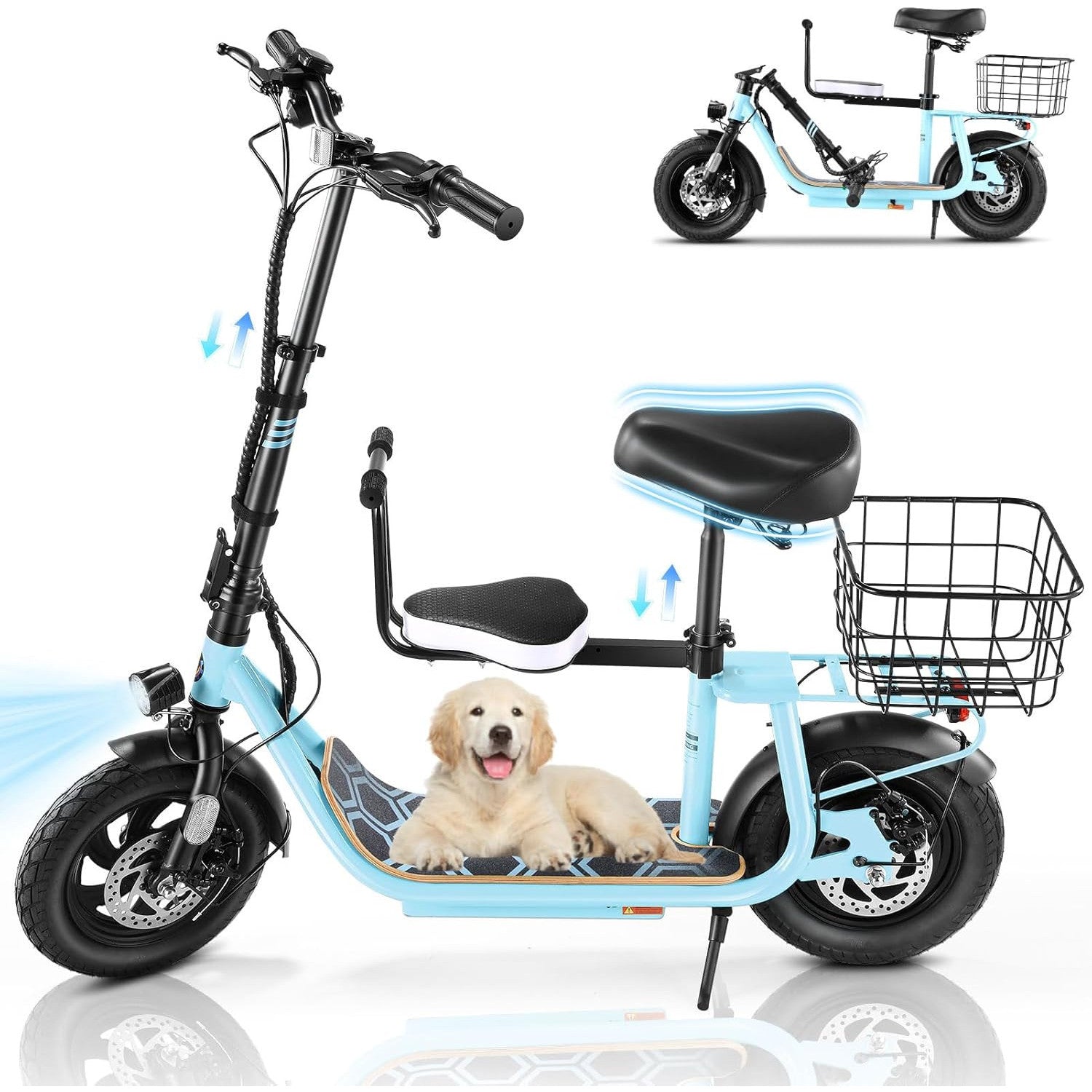 Caroma Peak 1200W/800W Electric Scooter with Seat, 30 Miles Max Range, Key Start Electric Scooter Adults&Teens, Up to 20MPH Foldable Ebike, Adjustable E-Bike with Basket&Kid Seat, Commuter Escooter
