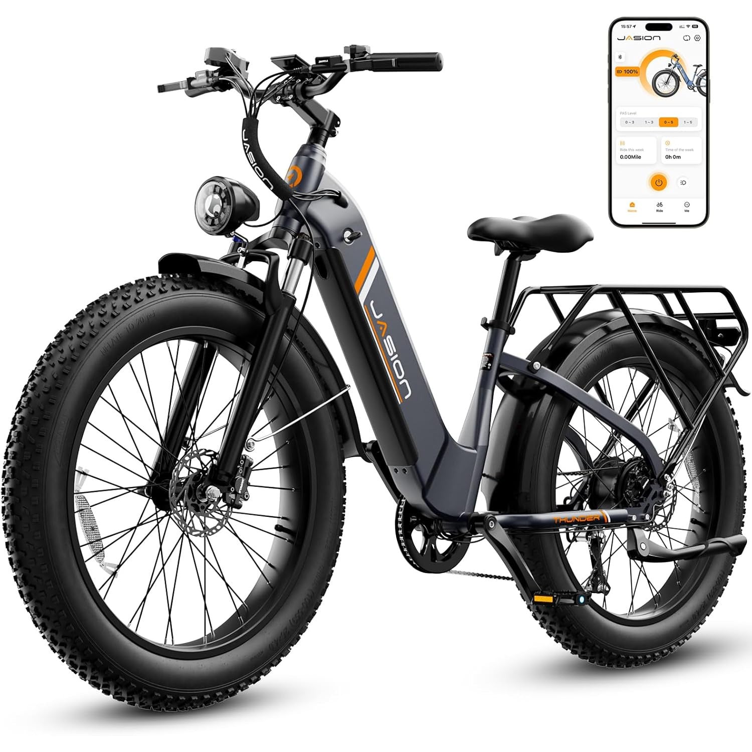 Jasion Thunder Electric Bike, 1500W Peak Motor, 30+MPH Max Speed & 80 Miles with 864Wh Removable Battery, APP Control Ebike for Adults, Hydraulic Brakes, Front Suspension, 26'' x 4'' Fat Tire Bicycles