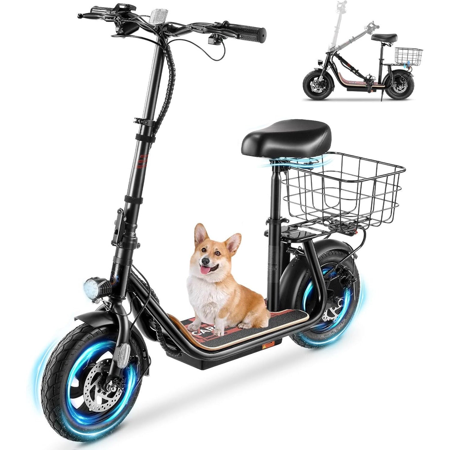 Caroma Peak 1200W/800W Electric Scooter with Seat, 30 Miles Max Range, Key Start Electric Scooter Adults&Teens, Up to 20MPH Foldable Ebike, Adjustable E-Bike with Basket&Kid Seat, Commuter Escooter