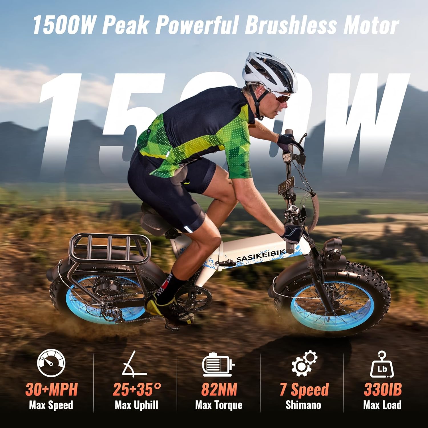 Folding 52V 20Ah Removabke Battery Electric Bike 1500W Peak Motor 20'' Fat Tire Mountain Commuter 30MPH Ebike Motorcycle Range 70 Miles UL Certified Adult Electric Dirt Bike with 7-Speed