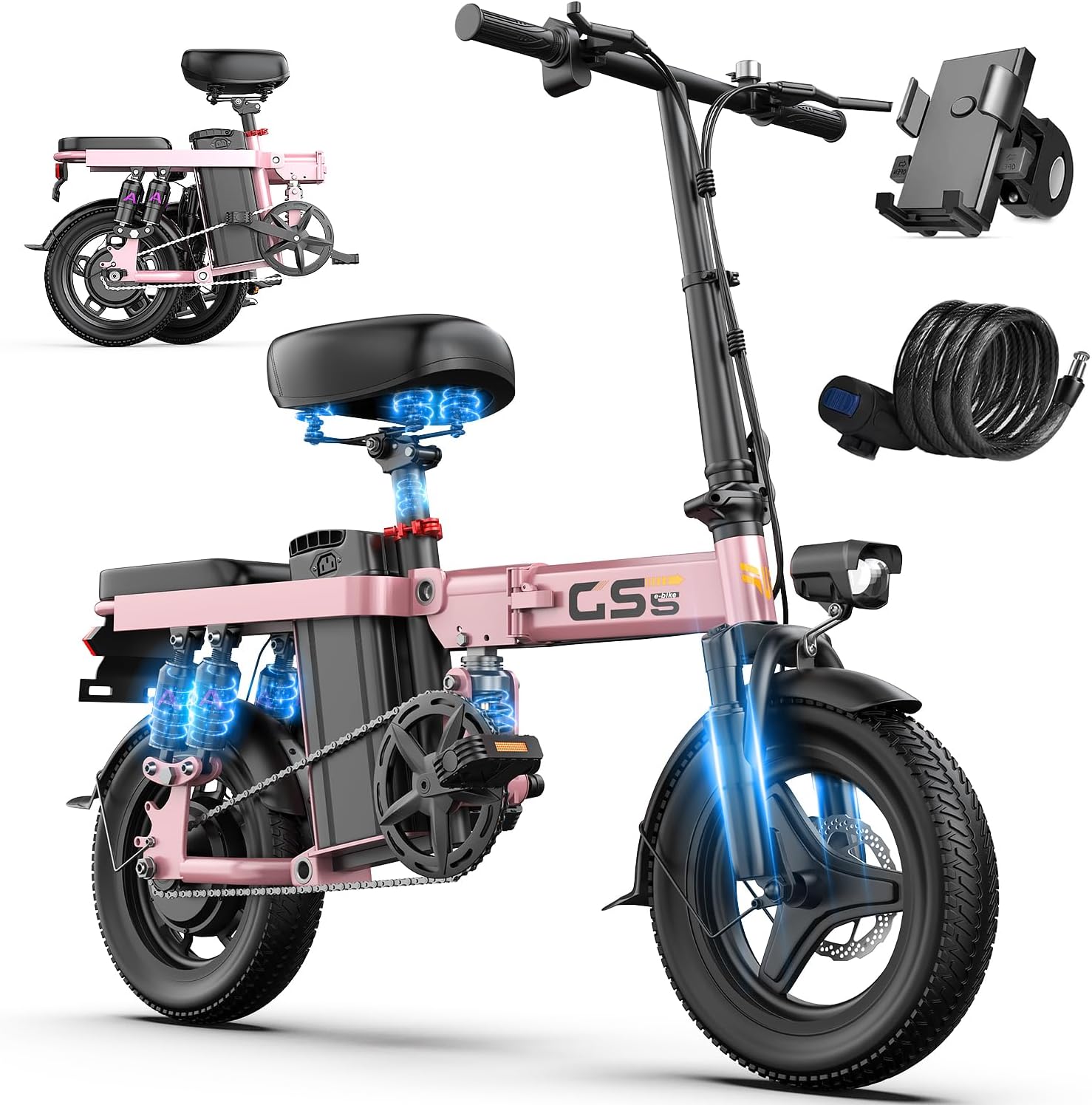 Heavy-Duty Foldable Electric Bike for Adults with 7 Shock Suspension, 500+ lbs Capacity, 740W Motor, 25MPH, 720Wh Battery, 20 Mile Range, 14“ Fat Tires Commuter Electric Bicycles for Road & Mountain