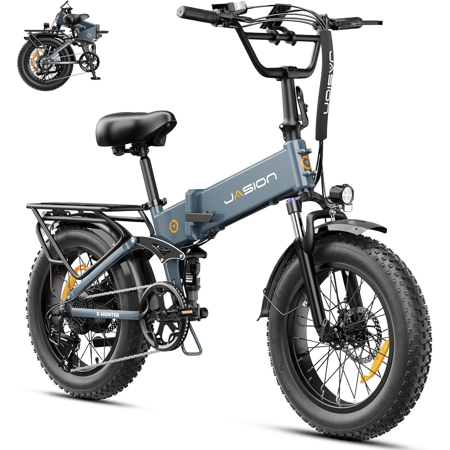 Jasion X-Hunter Foldable Electric Bike, 1400W Peak Motor, 70+ Miles 30MPH EBike, 624WH Removable Battery, 20''*4 Fat Tire, Full Suspension Bicycle for Commute,Snow, Mountain, 7-speed E-bike for Adults