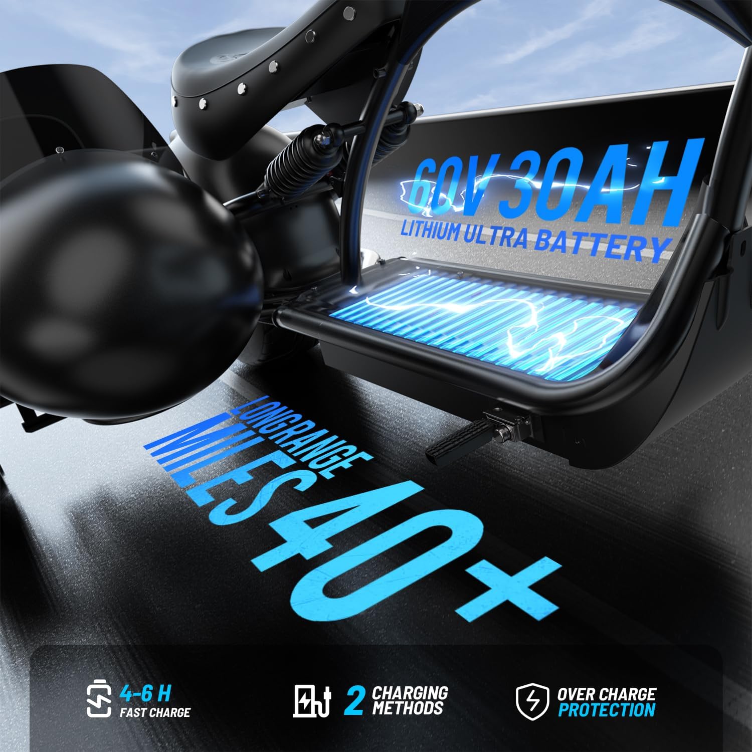 eAhora 2000W M1P Sidecar Electric Motorcycle for Adults,37mph 60V 30Ah Lithium Battery 40+ Miles Range, Full Suspension and Hydraulic Brakes Electric Mopeds