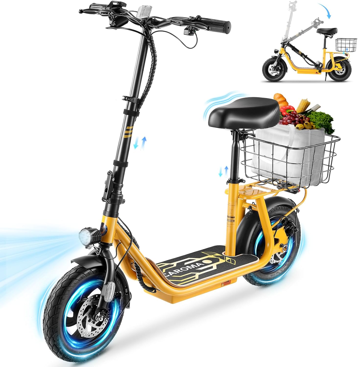 Caroma Peak 1200W/800W Electric Scooter with Seat, 30 Miles Max Range, Key Start Electric Scooter Adults&Teens, Up to 20MPH Foldable Ebike, Adjustable E-Bike with Basket&Kid Seat, Commuter Escooter