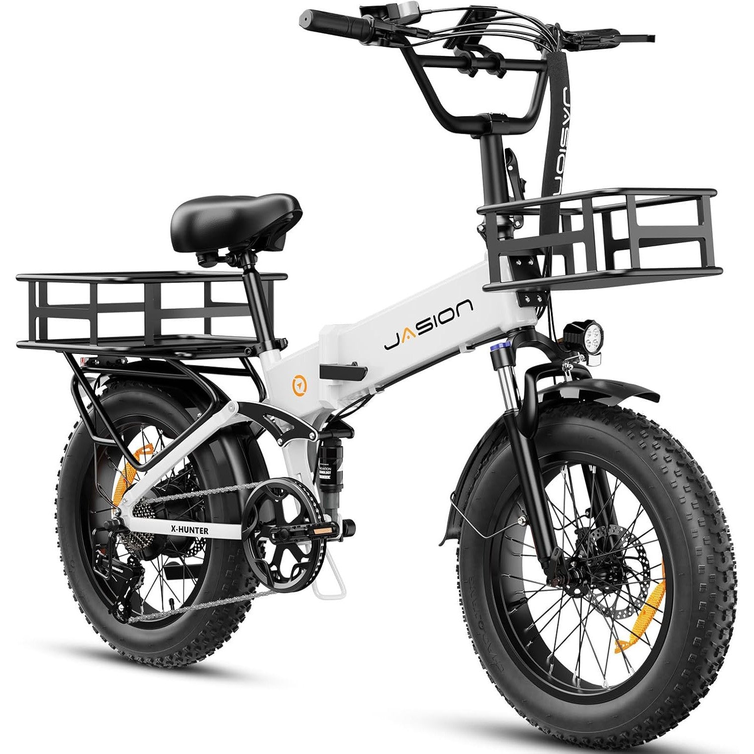 Jasion X-Hunter Foldable Electric Bike, 1400W Peak Motor, 70+ Miles 30MPH EBike, 624WH Removable Battery, 20''*4 Fat Tire, Full Suspension Bicycle for Commute,Snow, Mountain, 7-speed E-bike for Adults
