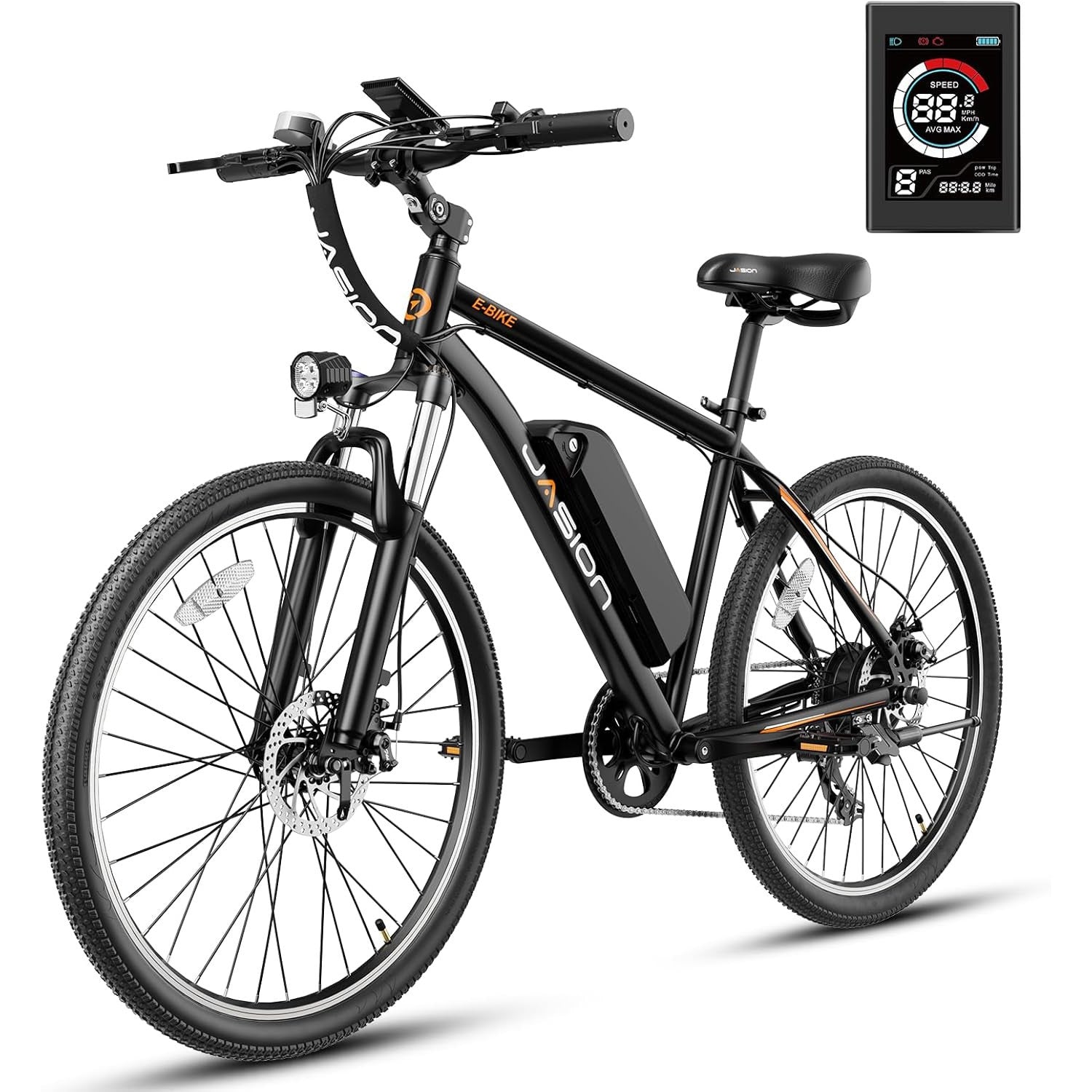 Jasion EB5 Electric Bike for Adults with Peak 750W Brushless Motor, 40Miles 20MPH Commuting Electric Mountain Bike with 360Wh Removable Battery, 7-Speed, 26" Tires and Front Fork Suspension