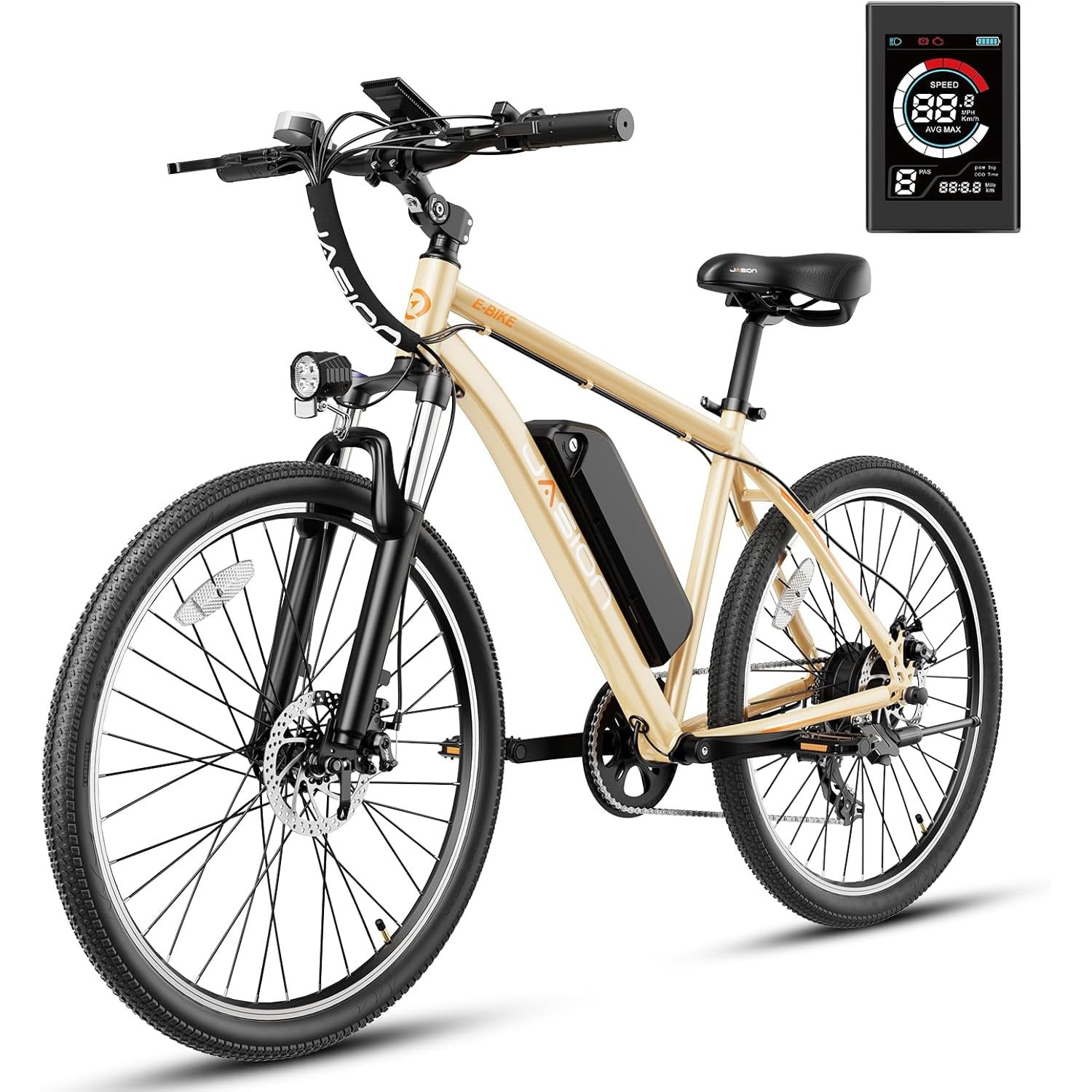Jasion EB5 Electric Bike for Adults with Peak 750W Brushless Motor, 40Miles 20MPH Commuting Electric Mountain Bike with 360Wh Removable Battery, 7-Speed, 26" Tires and Front Fork Suspension