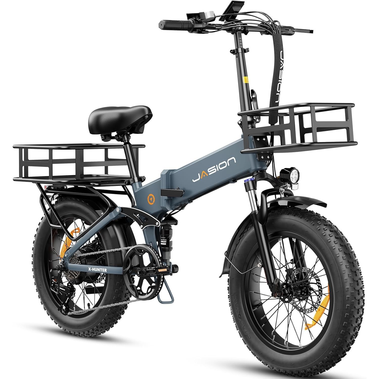 Jasion X-Hunter Foldable Electric Bike, 1400W Peak Motor, 70+ Miles 30MPH EBike, 624WH Removable Battery, 20''*4 Fat Tire, Full Suspension Bicycle for Commute,Snow, Mountain, 7-speed E-bike for Adults