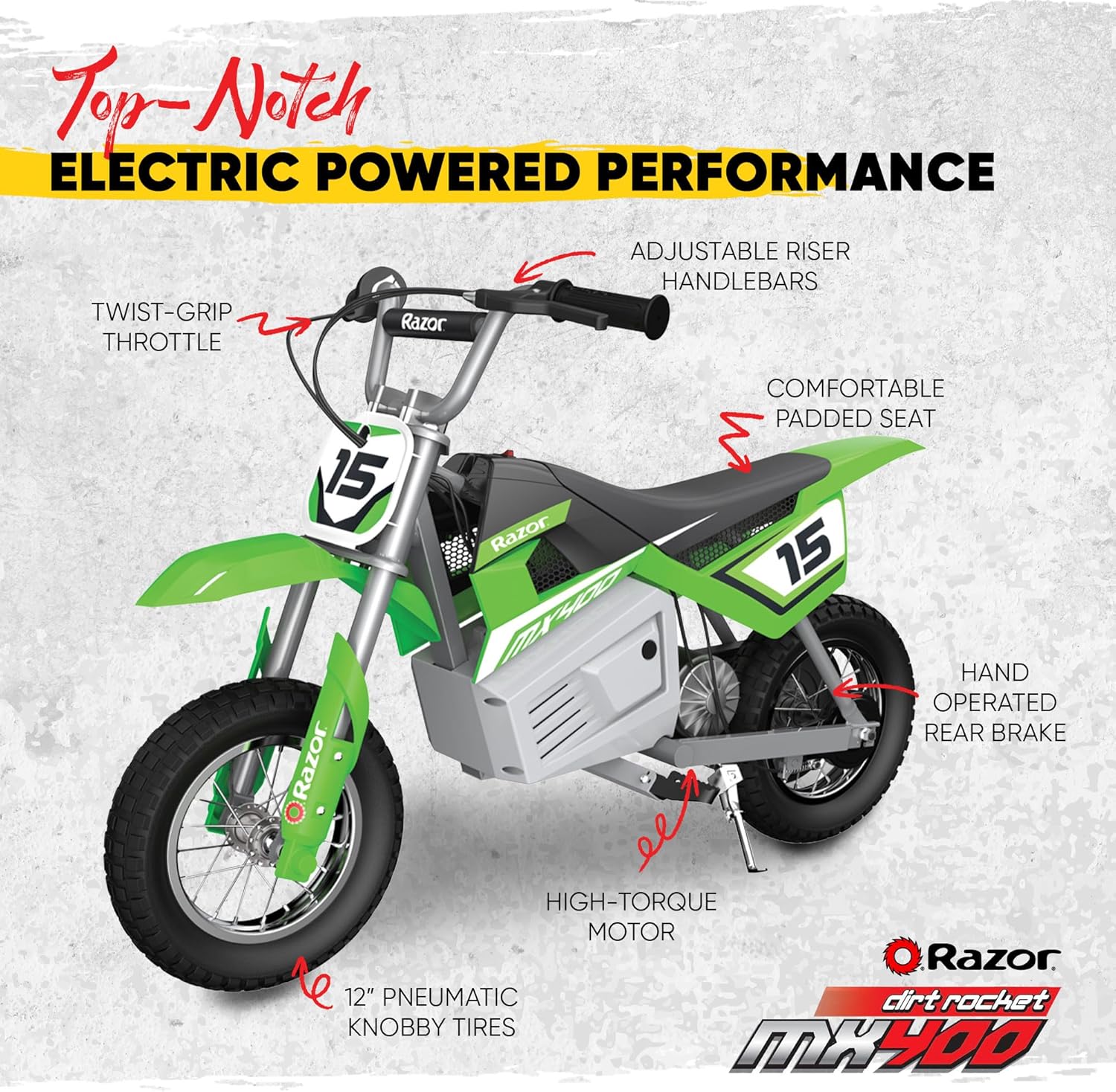 Razor MX400 Dirt Rocket Electric Bike for Kids Ages 8+, 140 Pounds Max Weight, Green – 24-Volt Battery, up to 14 Mph, 30-Minute High Speed Ride Time, Twist-Grip Throttle, 12-Inch Pneumatic Tires