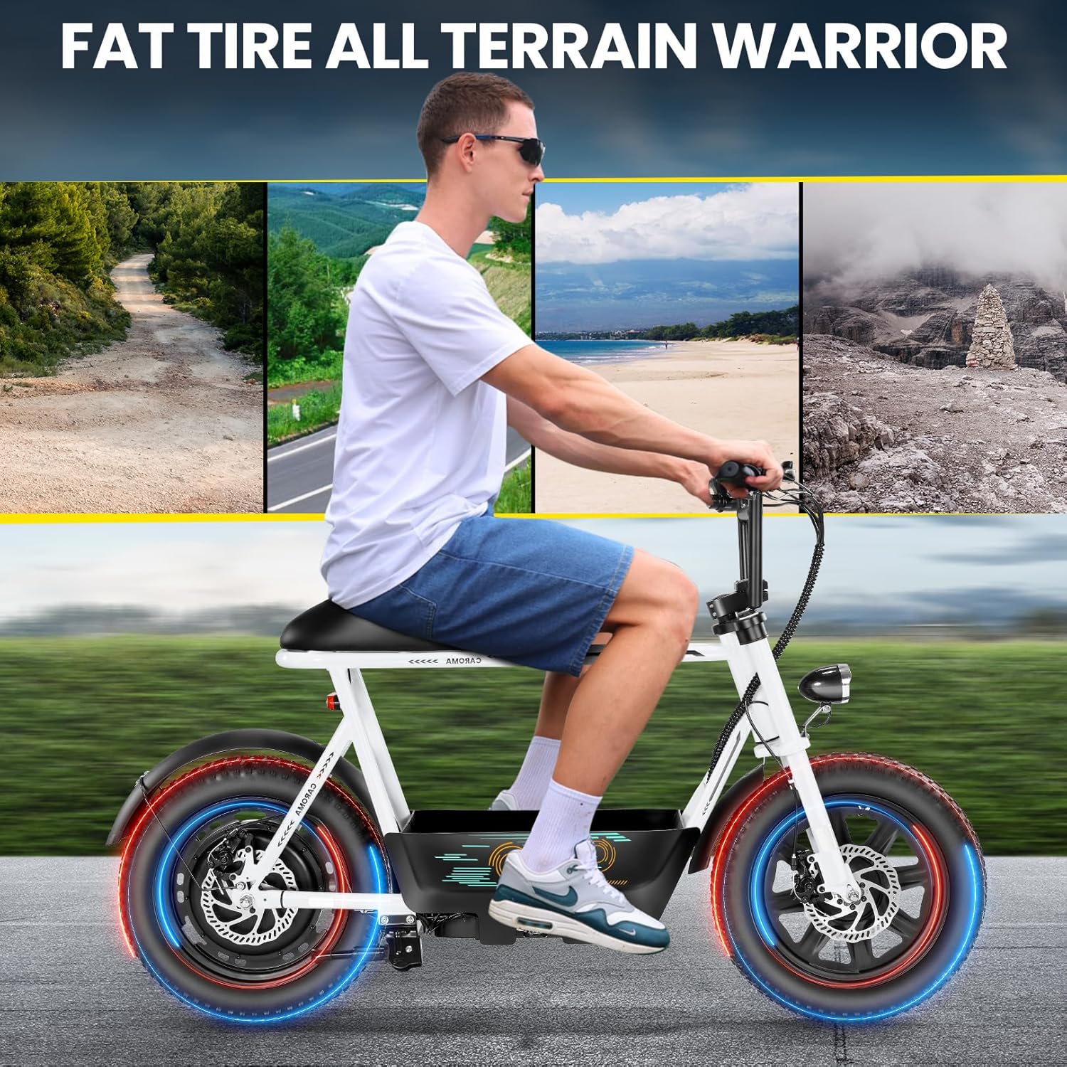 Caroma Peak 800W/1200W Electric Scooter with Seat,16 * 3" Fat Tire Ebike for All-Terrain,Max 25/30 Miles & 20MPH Electric Moped,Electric Motorcycle for Adults with Storage Basket for Cargo&Commuting