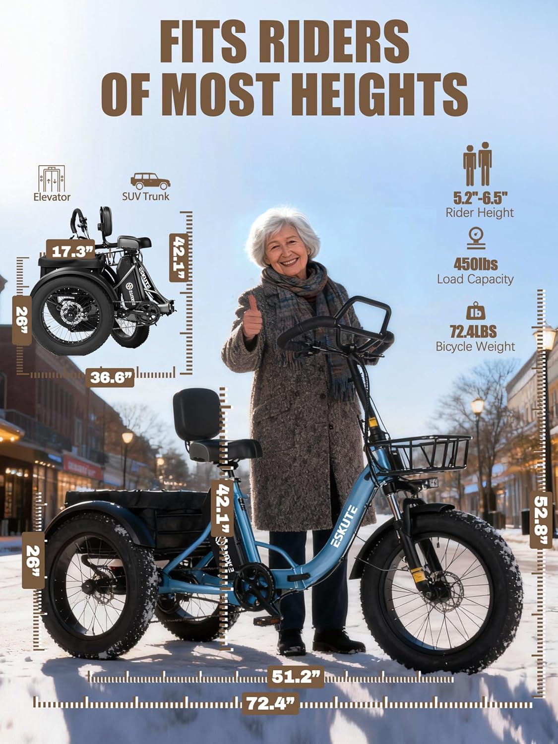 ESKUTE T300 Pro Electric Trike for Adults, 998.4Wh Long-Range Battery, 1200W Peak Motor, 20"x4.0" Fat Tires, Foldable 3-Wheel Butterfly Handlebar E-Bike with Storage Bags, Gifts for Parent