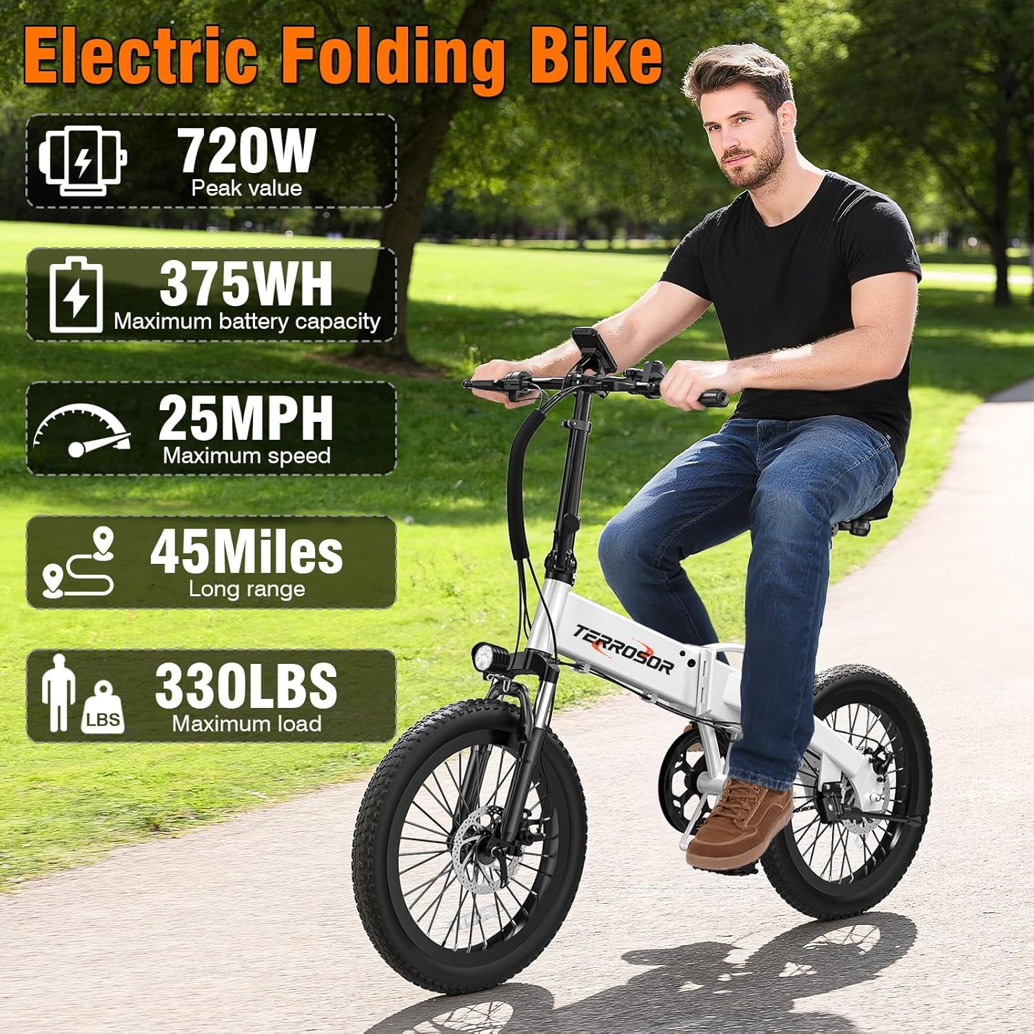 Folding Electric Bike for Adults & Teens, 20" Fat Tire Foldable Ebike with 720W Peak Motor, 25MPH, 375Wh Removable Battery, 50 Miles Range, 5-Level Pedal Assist, Commuter Electric Bicycle