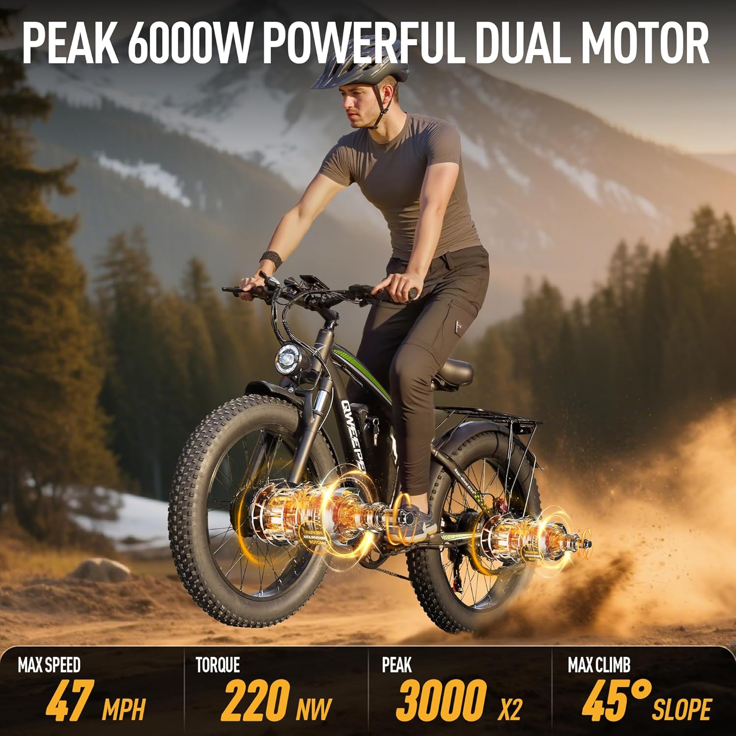 Dual Motor Ebike 6000W Peak for Adults - 58V 34AH Battery Fast 47MPH E-Bike 24 Inch Fat Tire Electric Bike LCD Display 105 Miles Range for All Terrain