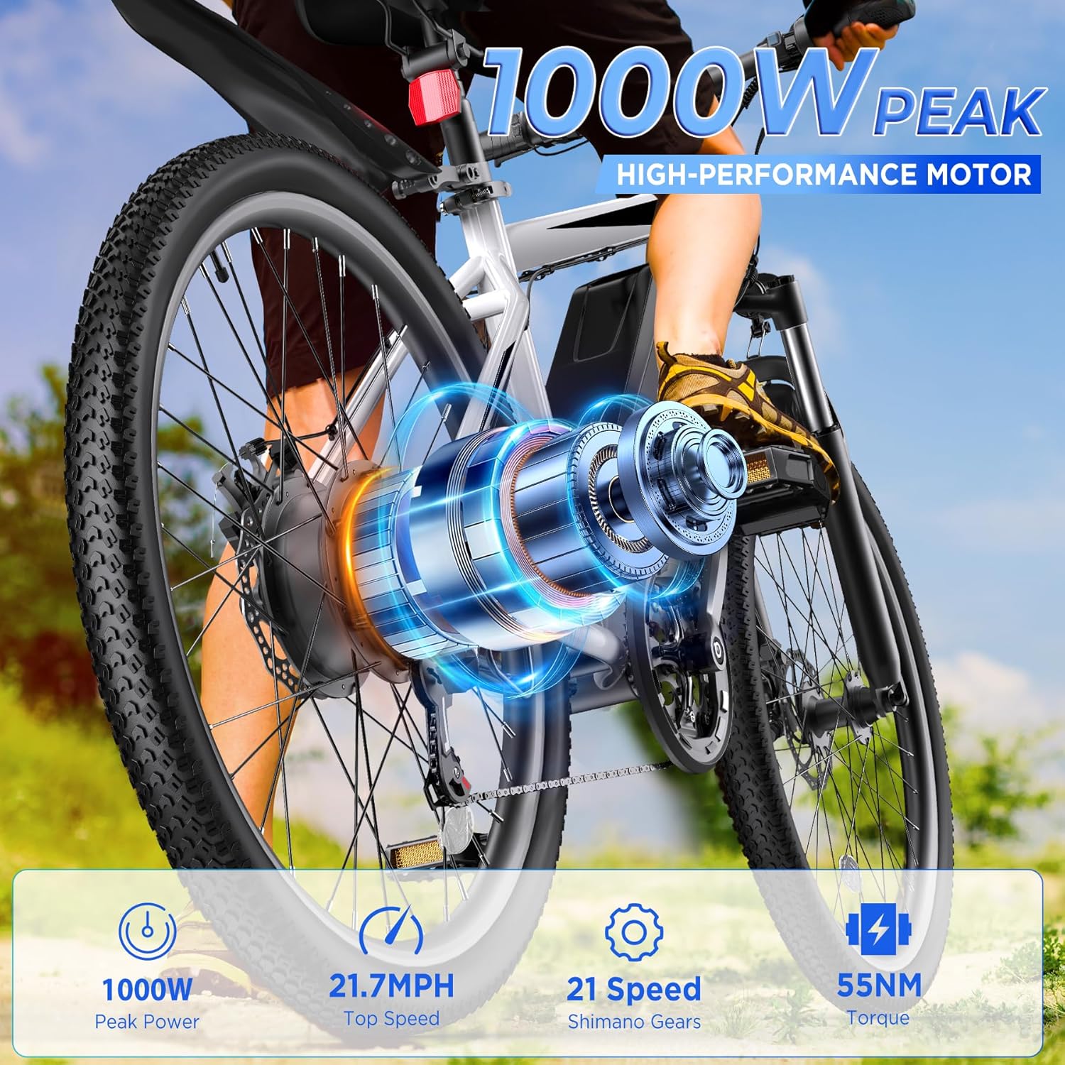 Electric Bike for Adults, 26'' 1000W Peak Ebike, Up to 50 Miles 21.7MPH Electric Mountain Bike with 48V Removable Battery, Adjustable Stem, Lockable Suspension Fork, 21-Speed, UL 2849 Certified