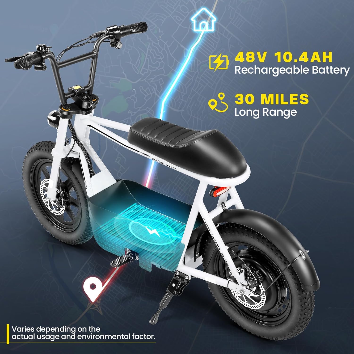 Caroma Peak 800W/1200W Electric Scooter with Seat,16 * 3" Fat Tire Ebike for All-Terrain,Max 25/30 Miles & 20MPH Electric Moped,Electric Motorcycle for Adults with Storage Basket for Cargo&Commuting