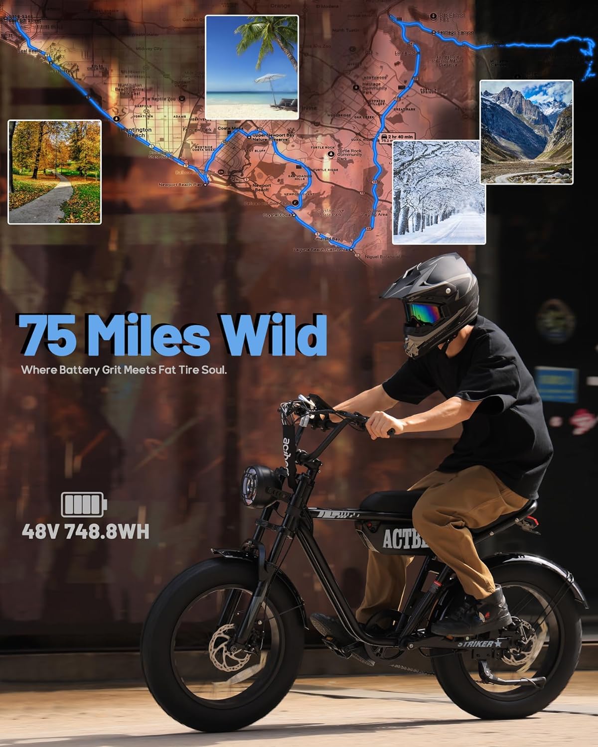 ACTBEST Blaze 16"/20" Fat Tire Electric Bike for Adults/Teens, 1200W/1500W Peak Motor, 25MPH/28MPH & 55-75 Miles Long Range, UL2849 Certified, Full Suspension All-Terrain eBike for Mountain,Snow,Sand