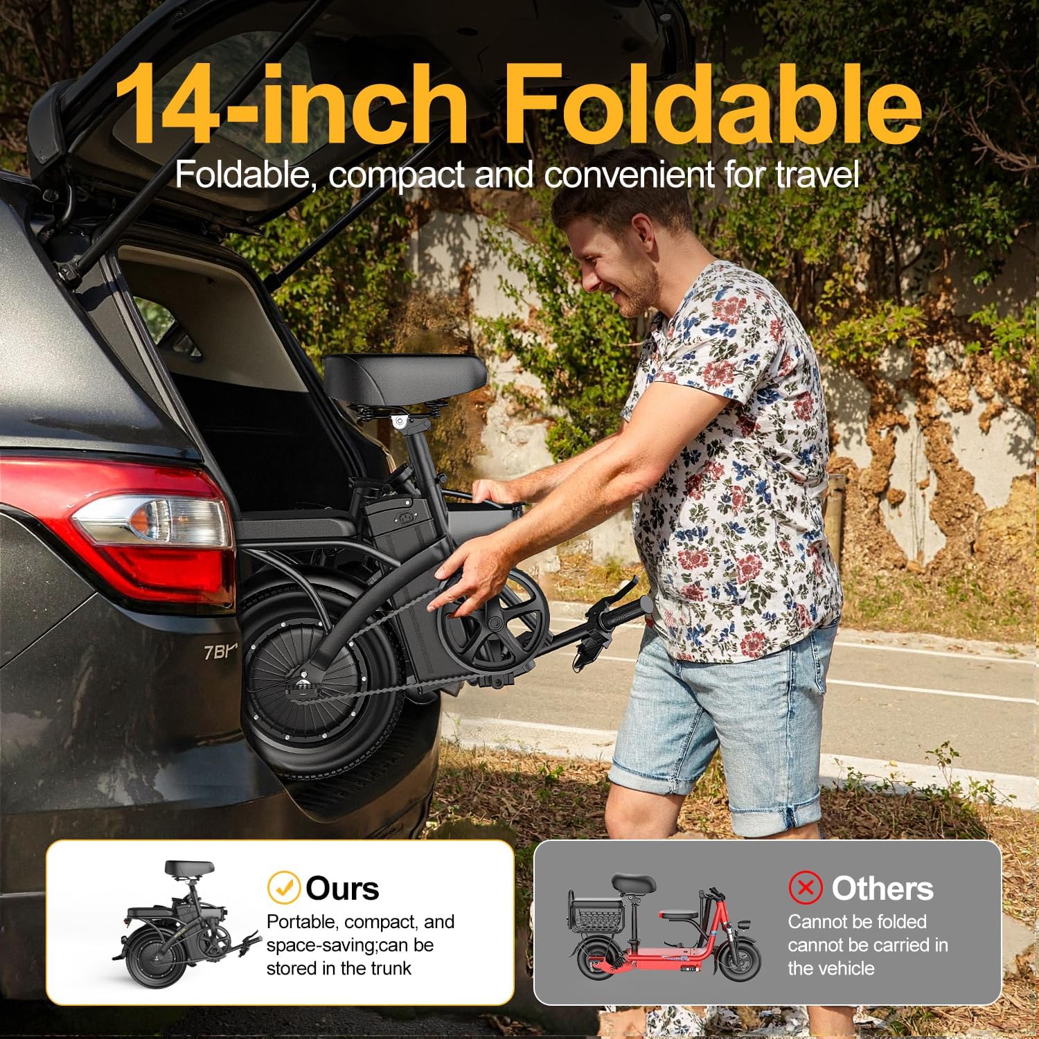 Foldable Electric Bike for Adults, 14" Folding E-Bike with 748W Peak Motor, Electric Bicycle with 48V Removable Battery UL 2849 Certified, 30 Miles PAS Range, Electric Commuter Mini Bikes