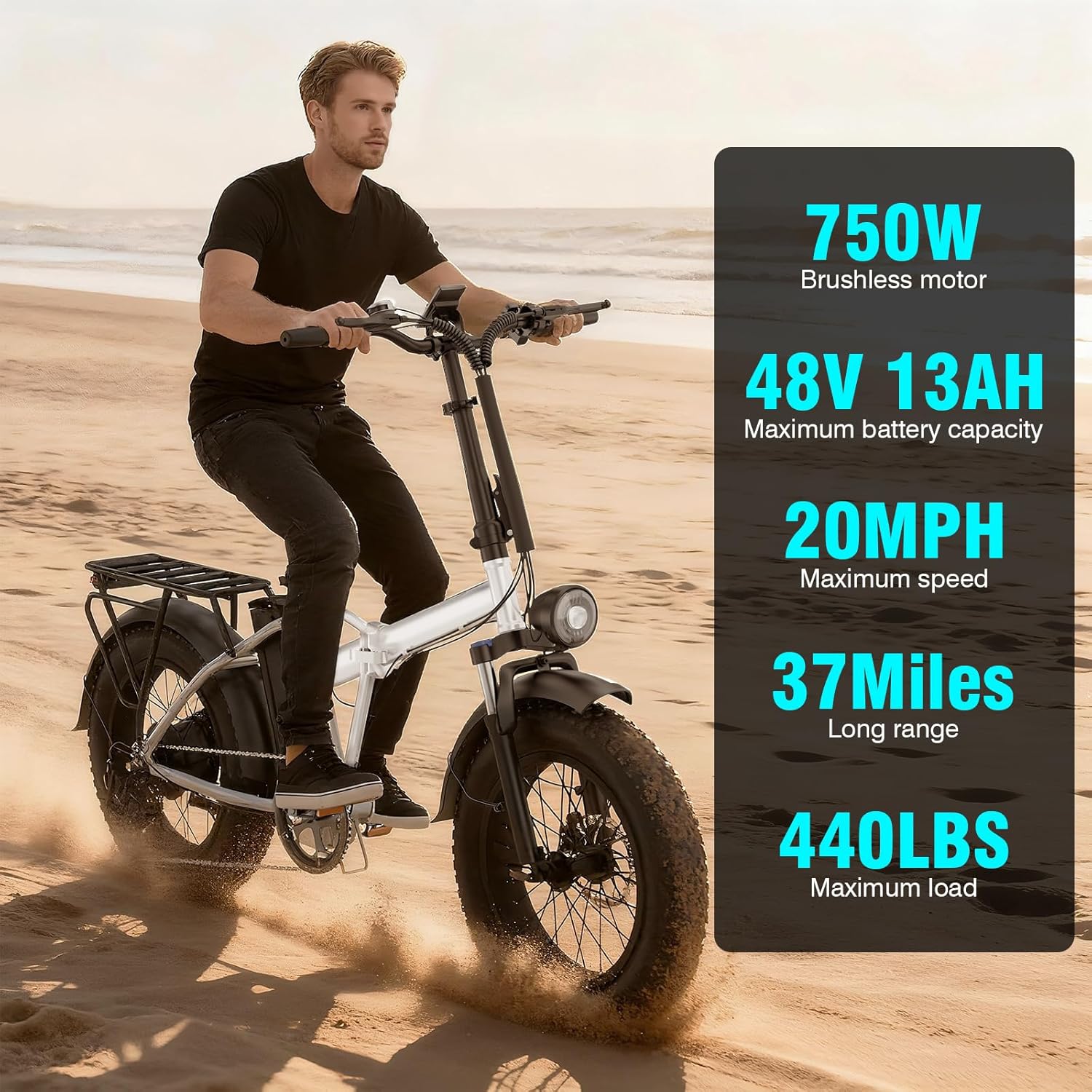 750W Electric Bike for Adults, 20 Inch Fat Tire Ebike, 48V 13AH Removable Battery, 37 Miles Range, 20MPH, 440LBS Load, Front Suspension, 7-Speed, Disc Brakes