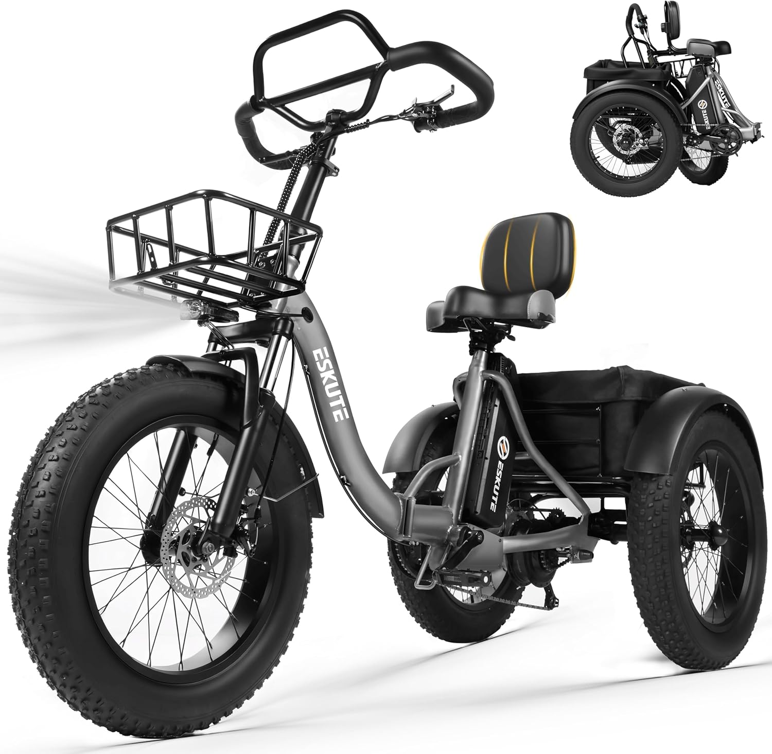 ESKUTE T300 Pro Electric Trike for Adults, 998.4Wh Long-Range Battery, 1200W Peak Motor, 20"x4.0" Fat Tires, Foldable 3-Wheel Butterfly Handlebar E-Bike with Storage Bags, Gifts for Parent