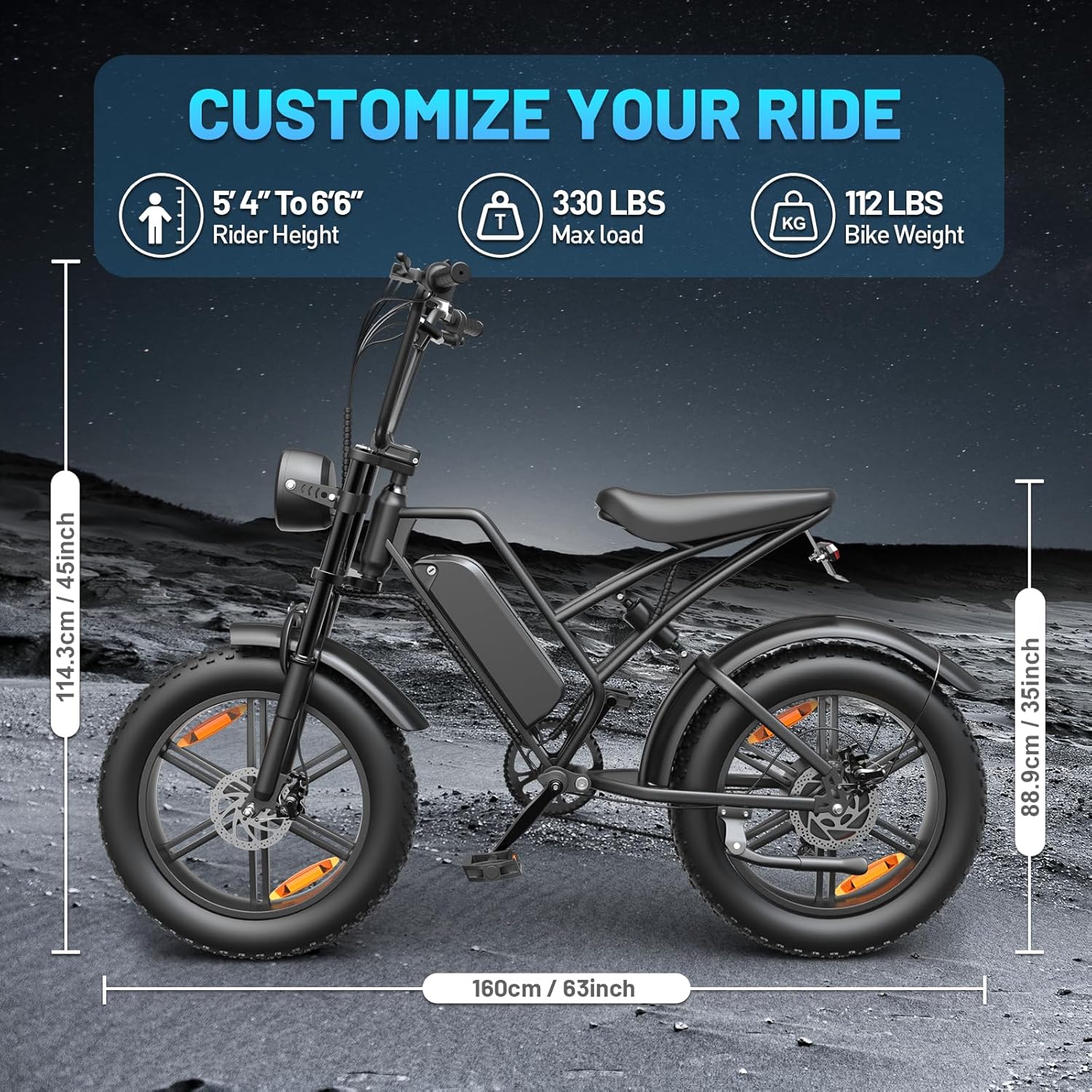 E500 Electric Bike for Adults 1000W Peak Motor, 20" Fat Tire Electric Bicycles with 40 Miles PAS Range, 48V Removable Battery, 7 Speed E-Bike for Mountains, Sand, Road, Beach, Snow