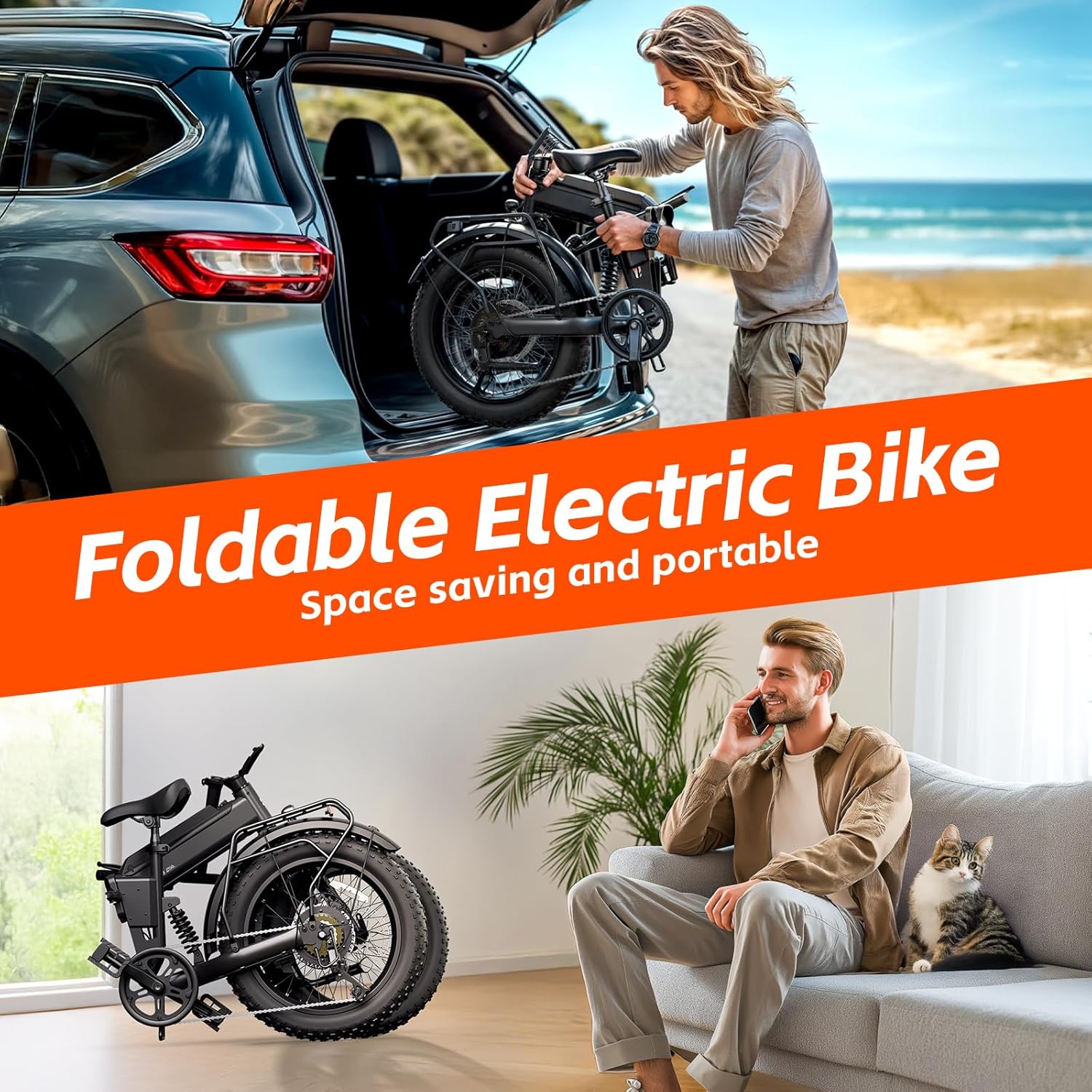 TST Folding Electric Bike for Adults, 1000W Peak Motor Ebike with 36V 7.8Ah/10.4Ah Removable Battery, Max Range 40/60 Miles 25 MPH Electric Bicycle, 20" Fat Tire All Terrain E Bike