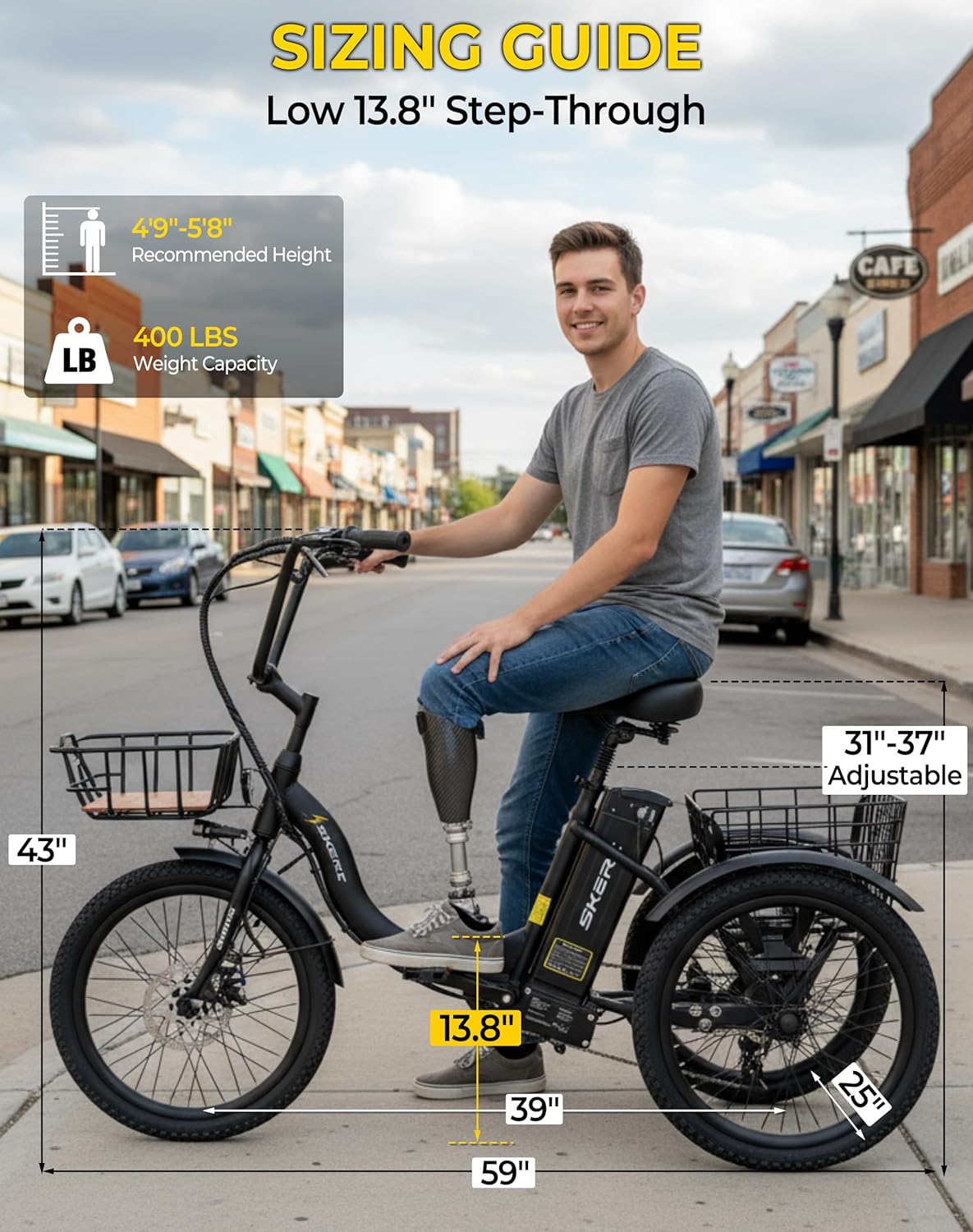 Skeri Electric Trike, 500W(Peak 1000W) Electric Tricycle for Adults, 20" Folding 3-Wheel Electric Bicycle, Step-Thru E Trike with 624WH Removable Battery and Large Basket, Black