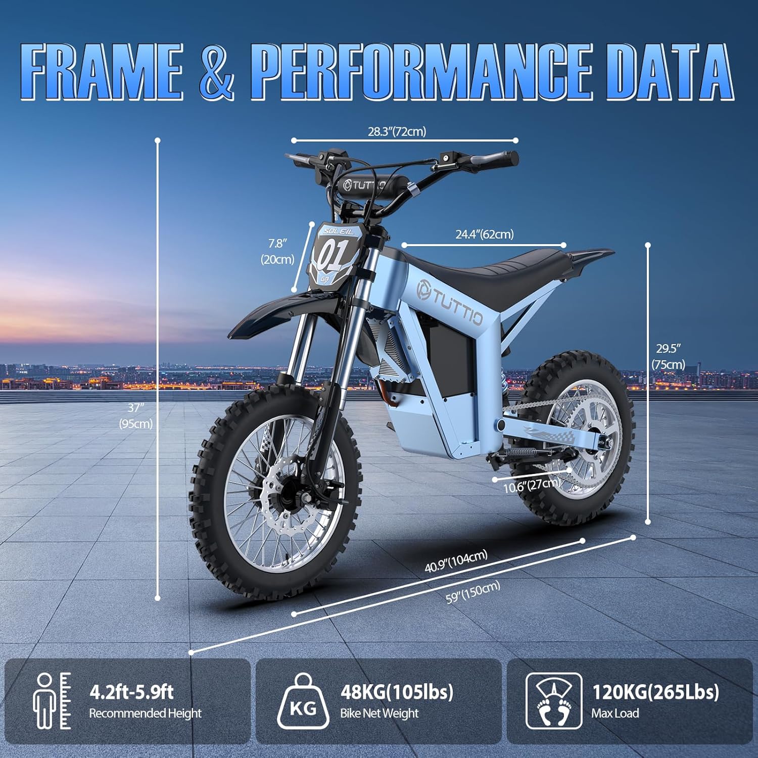 Tuttio Soleil01-GB E-Dirt-Bike - Peak 3000W 37MPH Electric-Bike with 48V 21Ah Battery, 14"/12" Fat Tire Electric Motocycle, Off-Road Ebike for Adults-Teens-Boys-Girls Age 13+ (USA Warehouse)